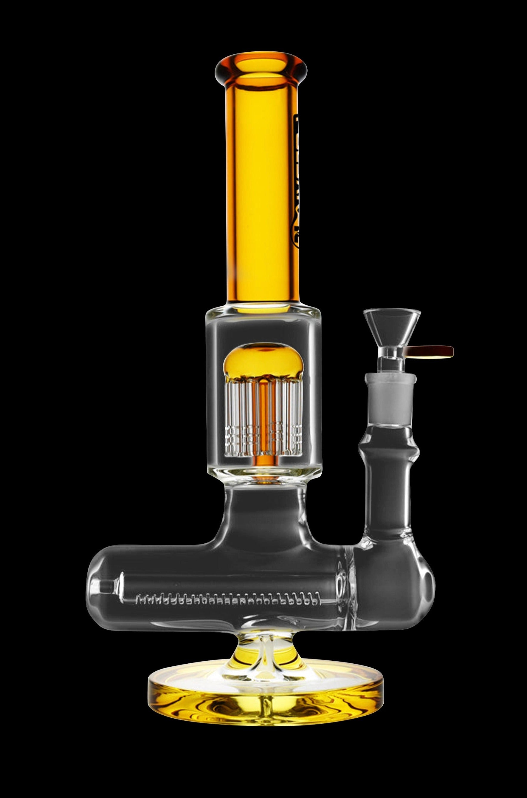 Glass water pipe (bong) with percolators, isolated on a black background.