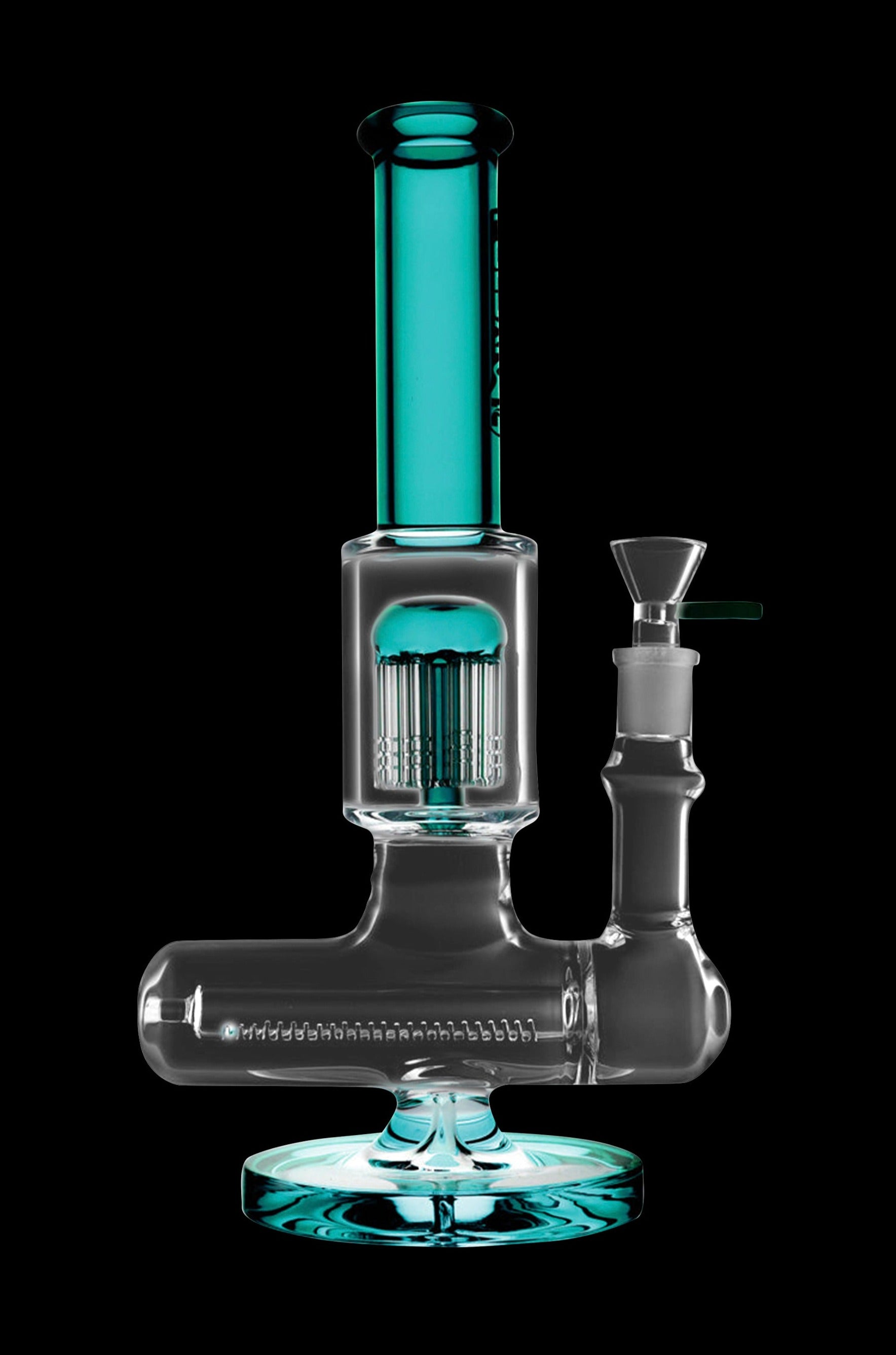 A turquoise glass bubbler with a complex percolator chamber, used for filtering smoke.
