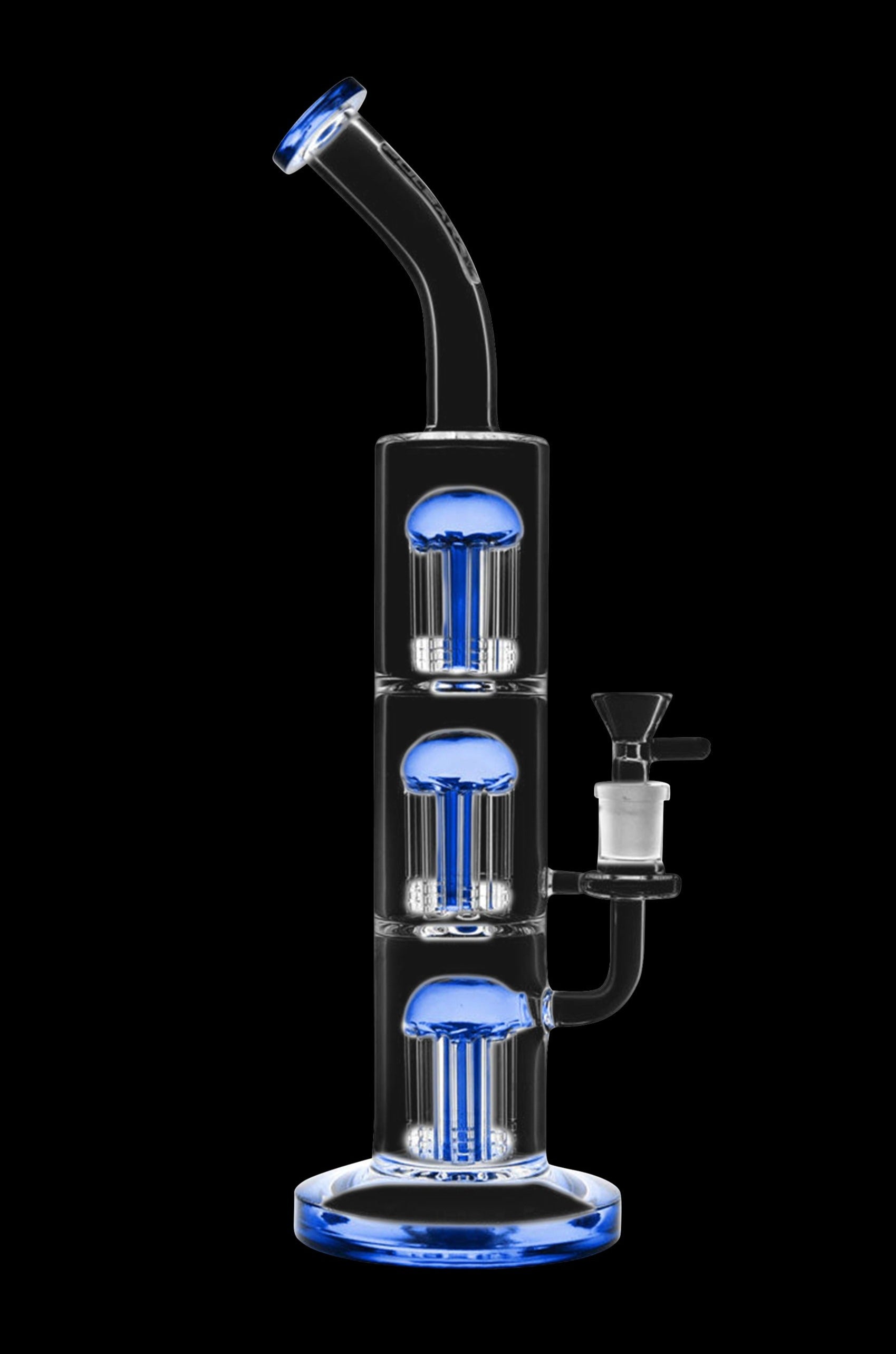 Blue glass water pipe (bong) with multiple percolators.