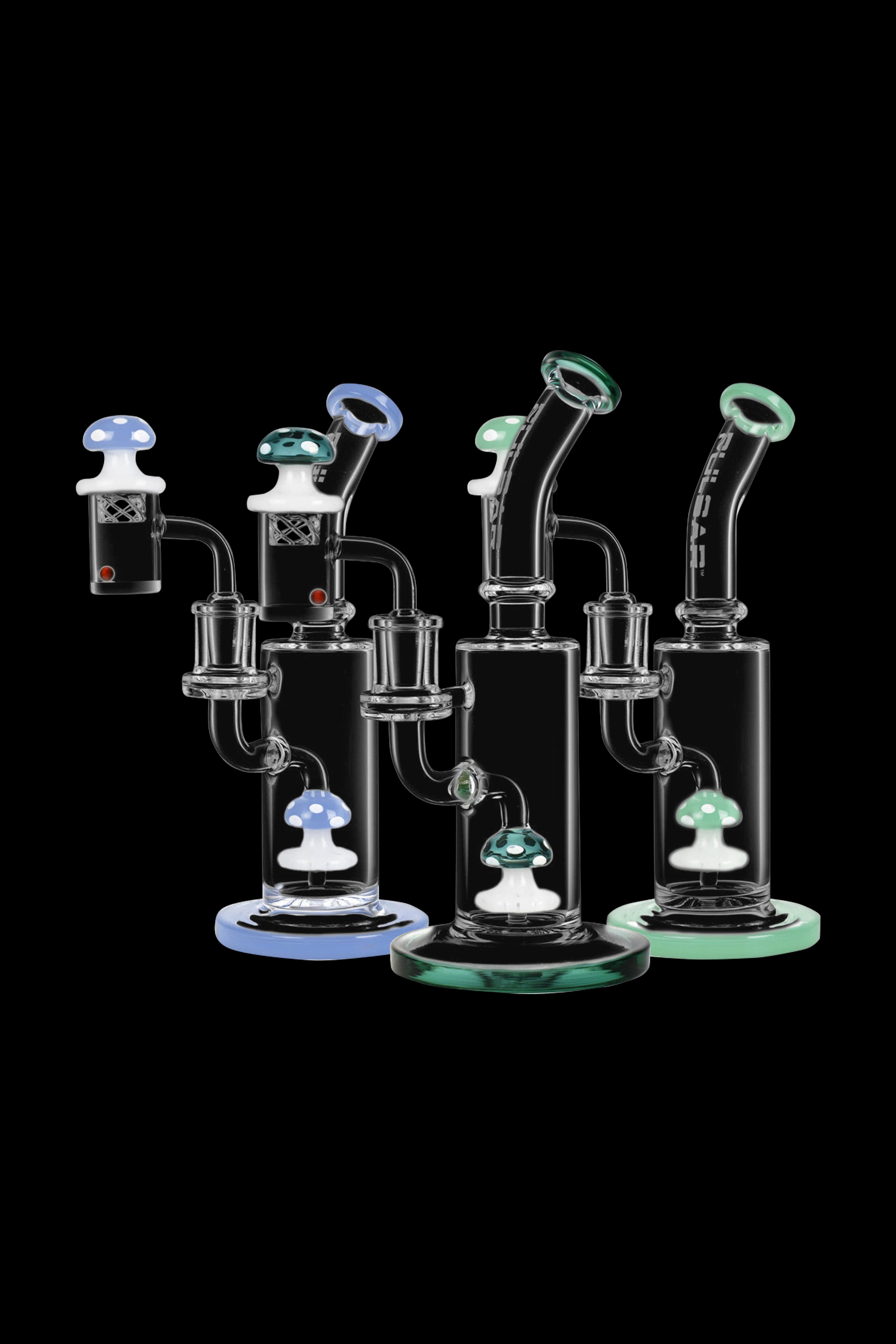 Four glass bongs with mushroom-shaped percolators, illuminated against a black background.