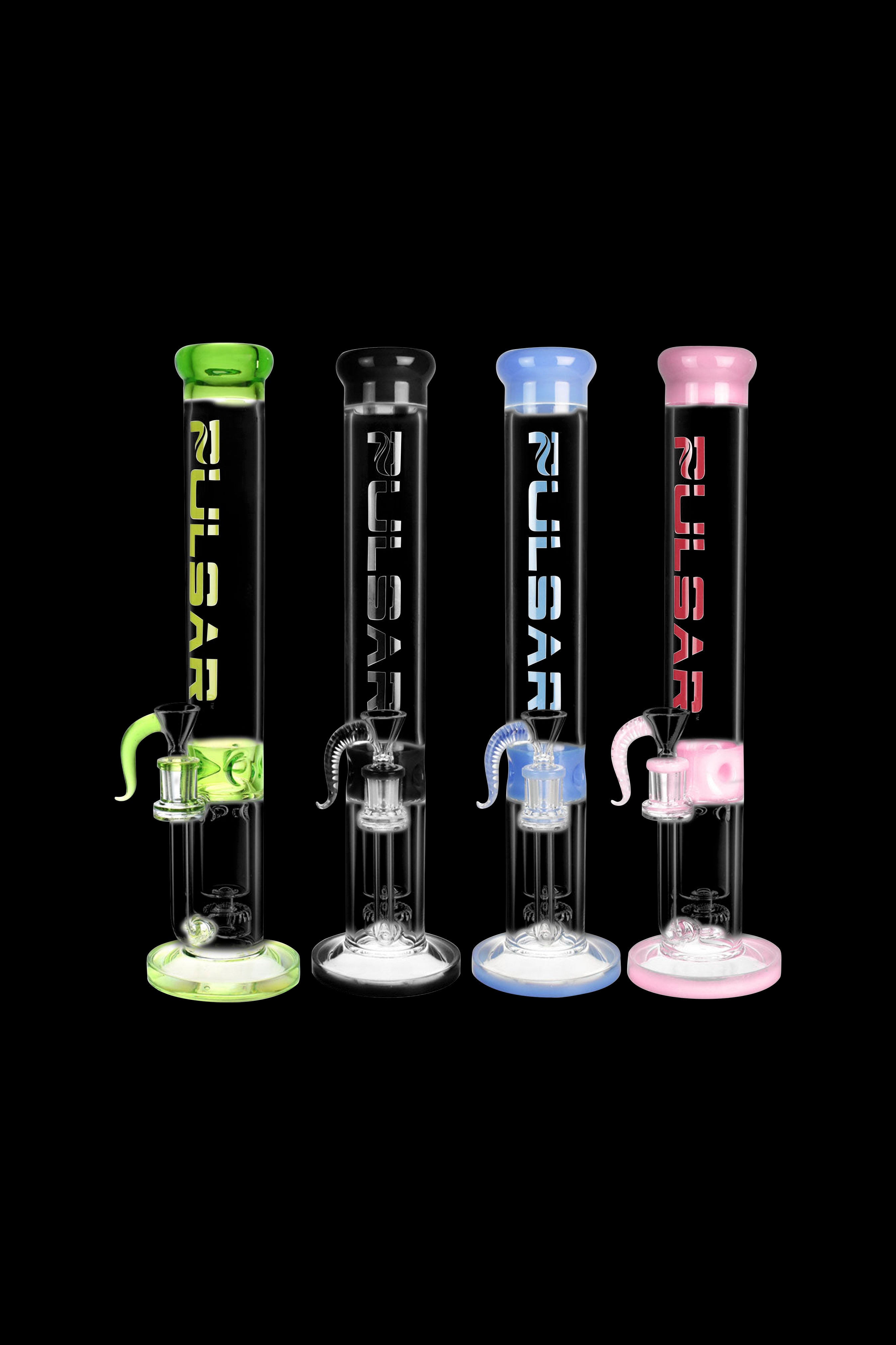 Four glass bongs with colorful accents and the “Pulsar” logo, displayed against a black background.