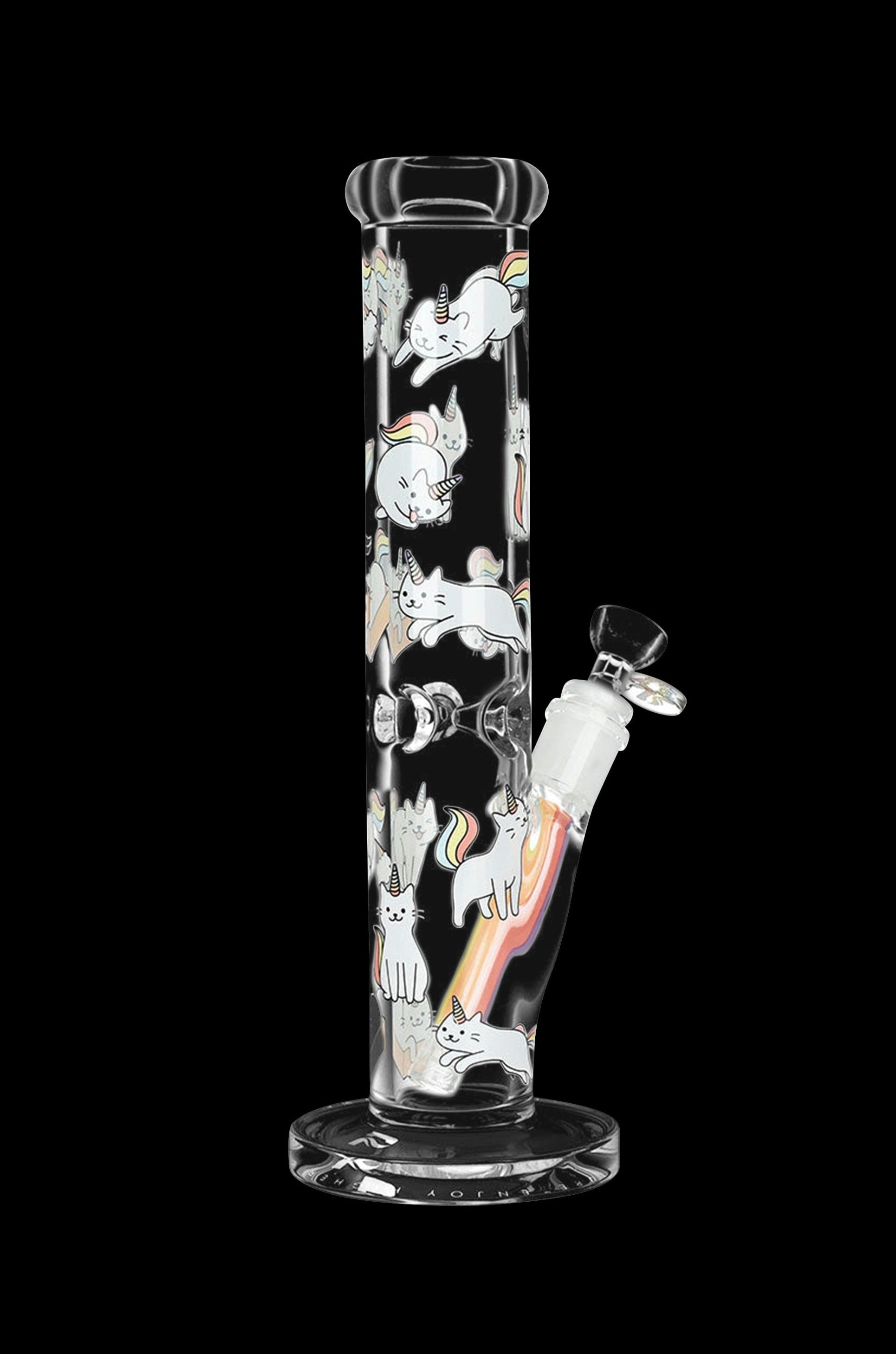 Glass bong decorated with cartoon cats, featuring a clear bowl and visible liquid inside, against a black background.