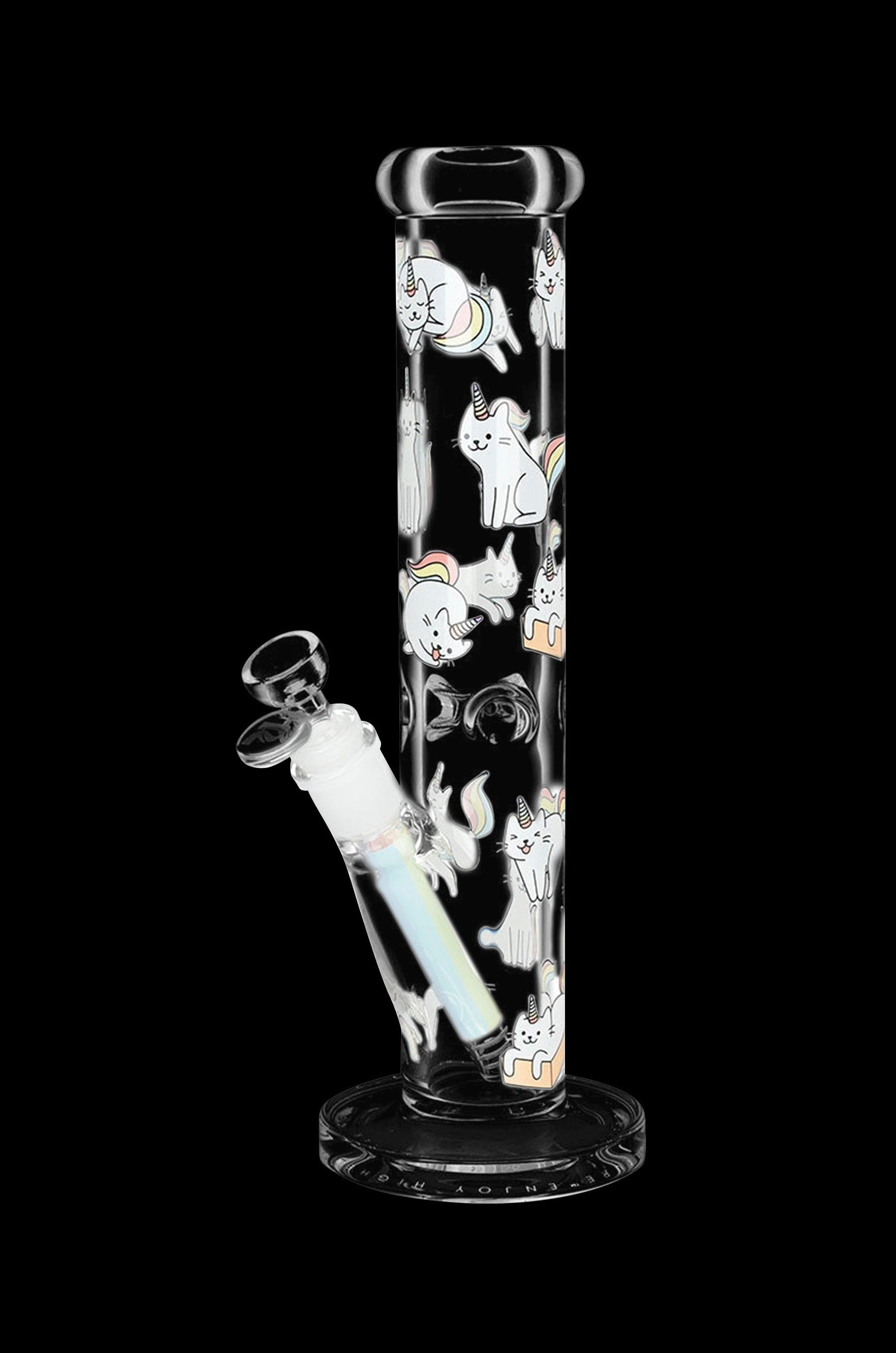 Glass bong decorated with cartoon cats, isolated on a black background.