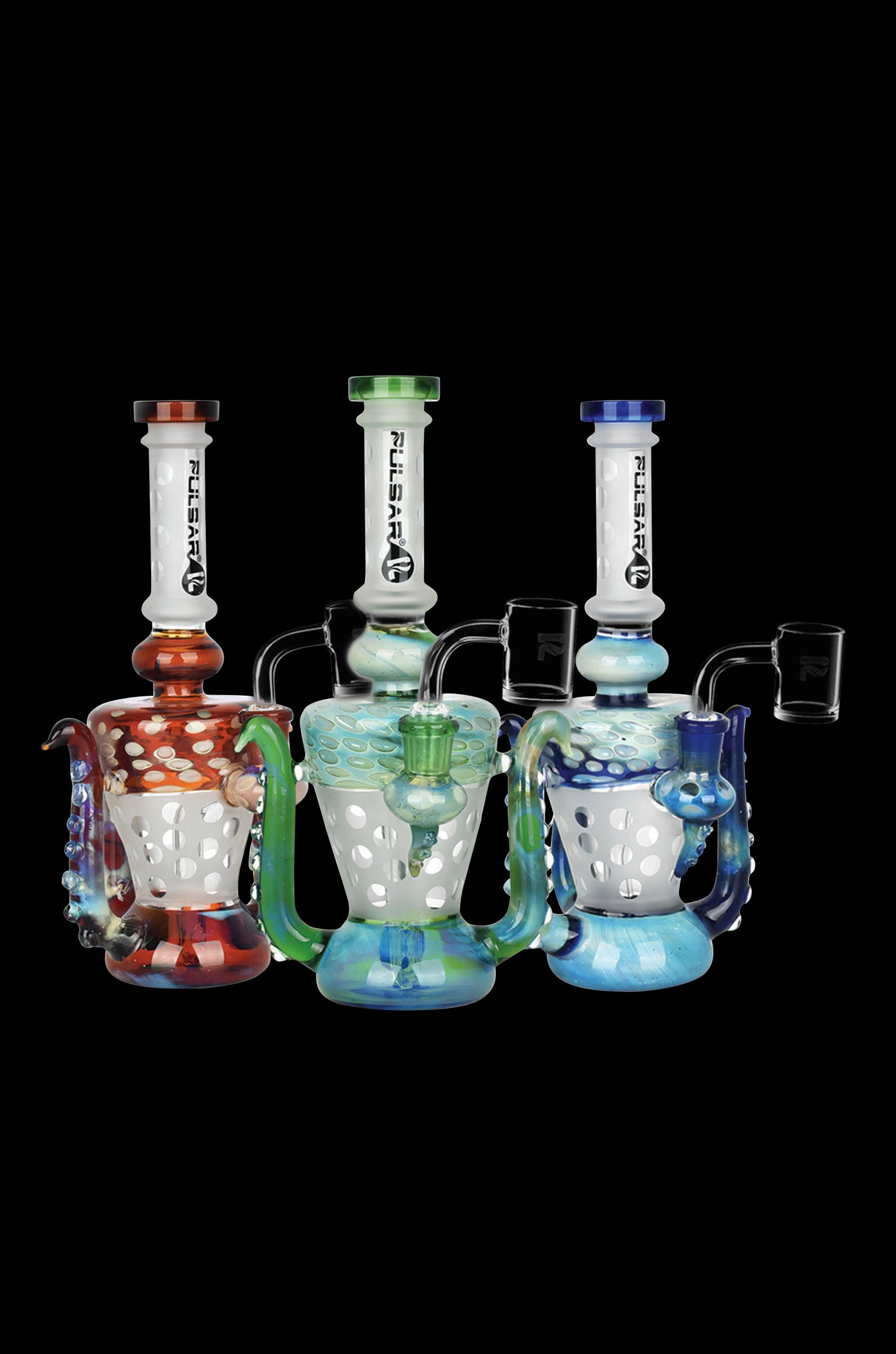 Three colorful glass water pipes (bongs) with patterned bases and clear stems, branded "Pulsar".