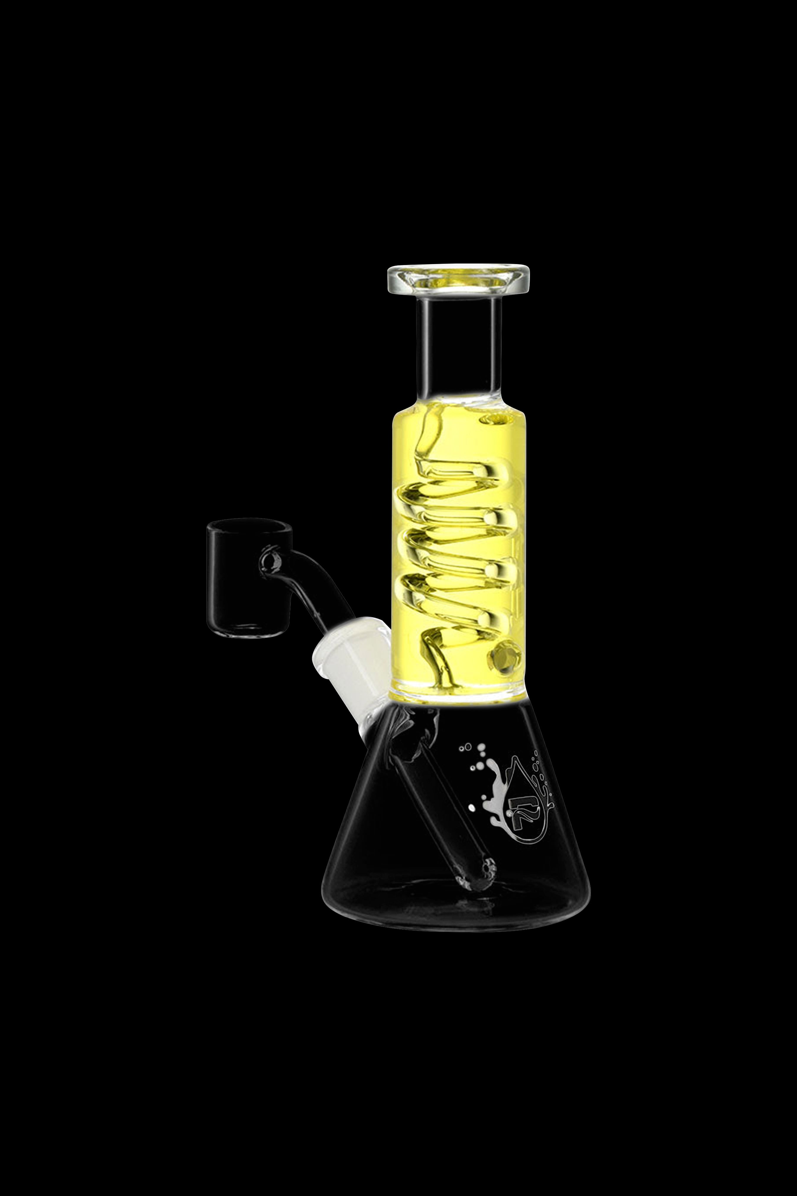 Glass bong with yellow accents and liquid, isolated on a black background.