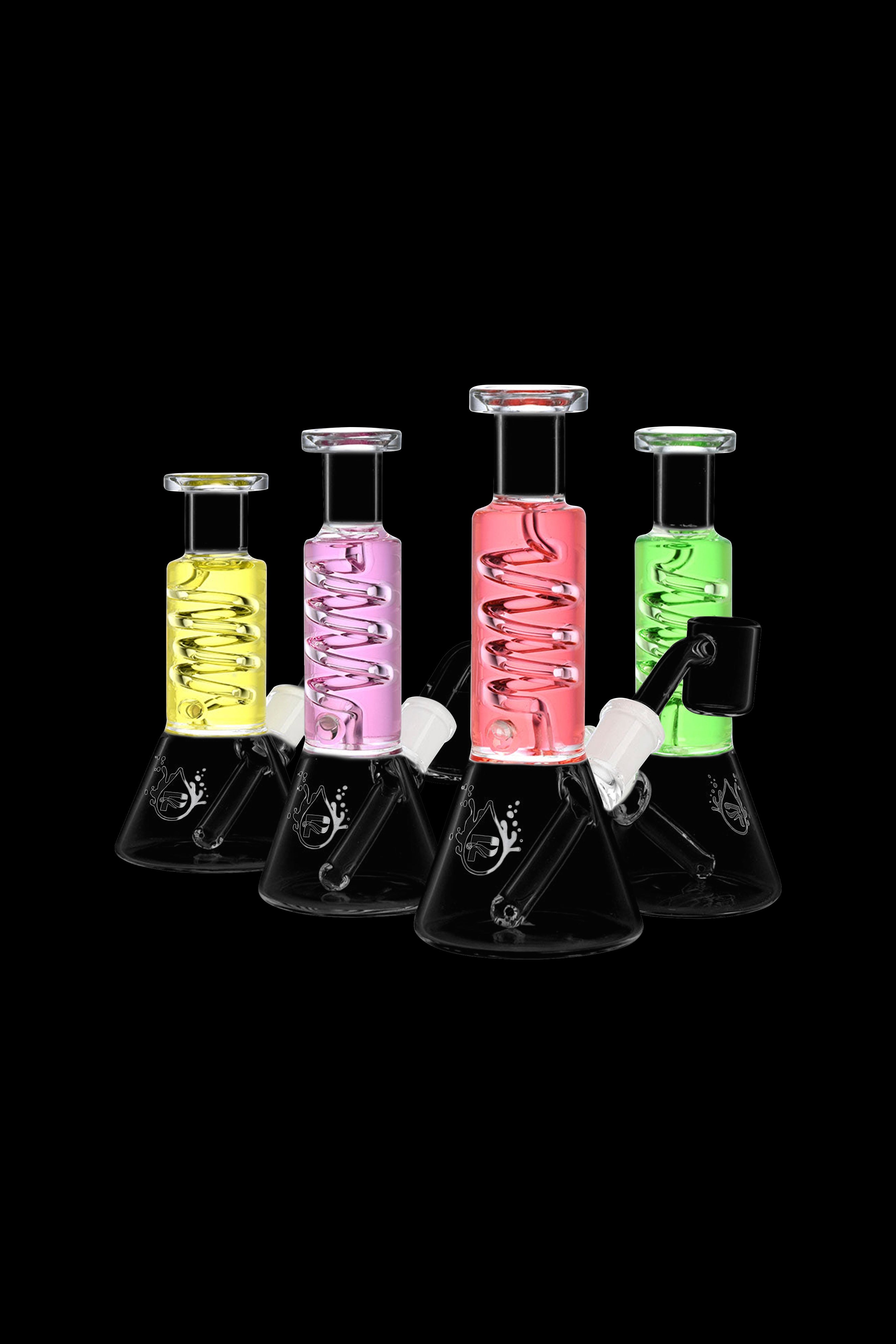 Four colorful glass bongs displayed against a black background.