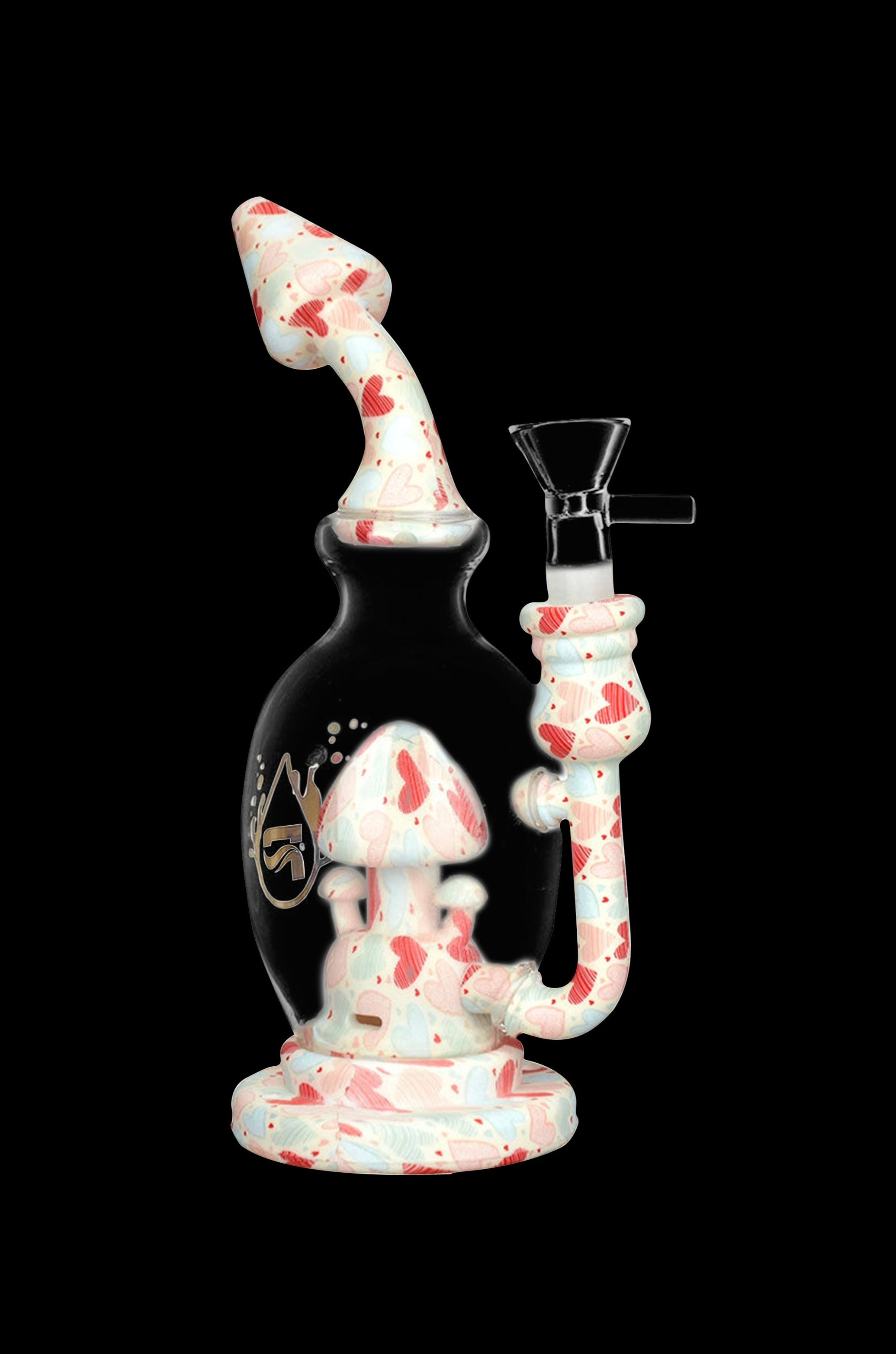 A glass water pipe (bong) with a cream-colored base and red mushroom pattern, featuring a clear glass bowl and mouthpiece.