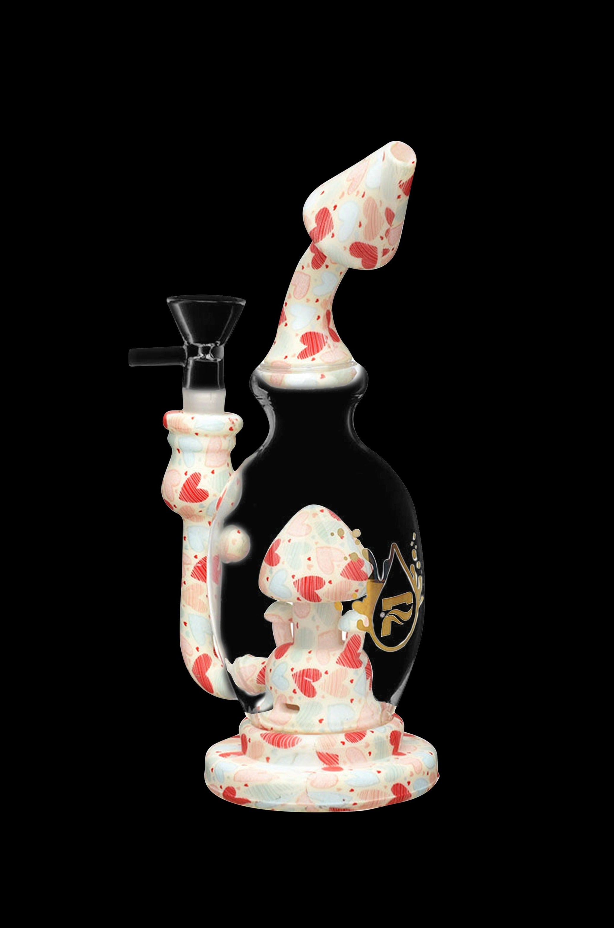 Glass water pipe with a heart-patterned design.