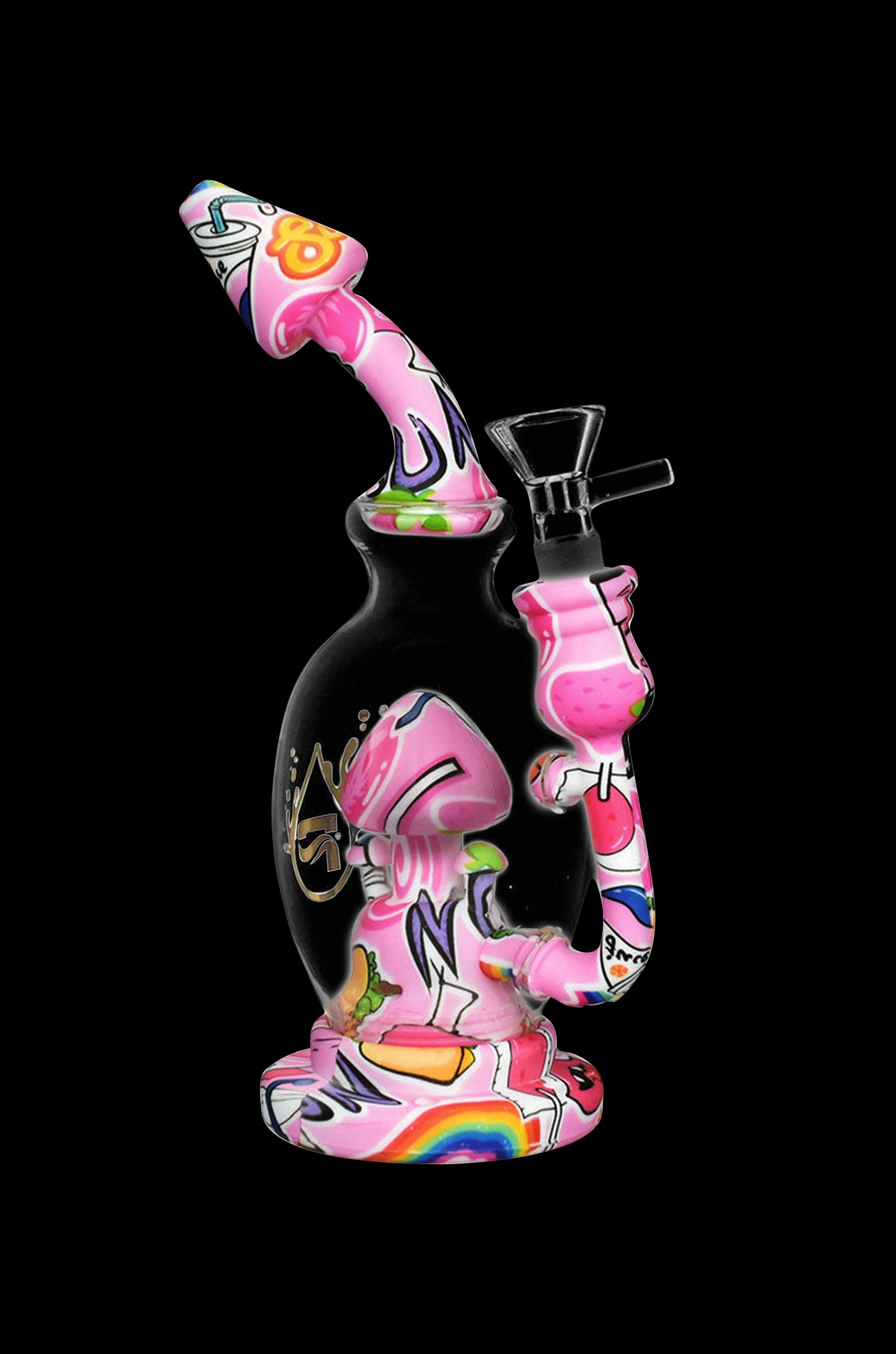 Pink glass water pipe (bong) with colorful cartoon-style designs against a black background.