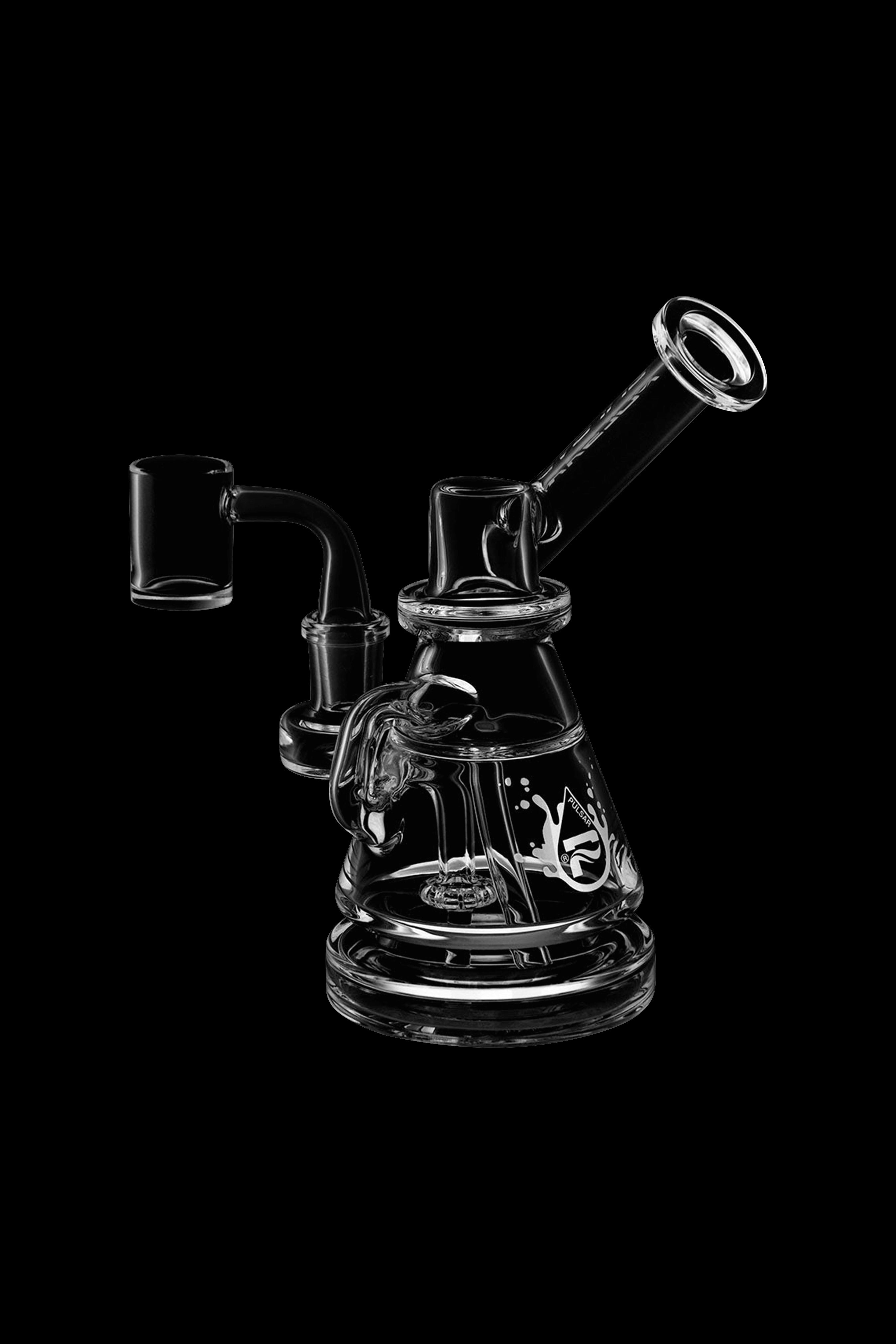 Clear glass dab rig with intricate percolator and mouthpiece, isolated on a black background.