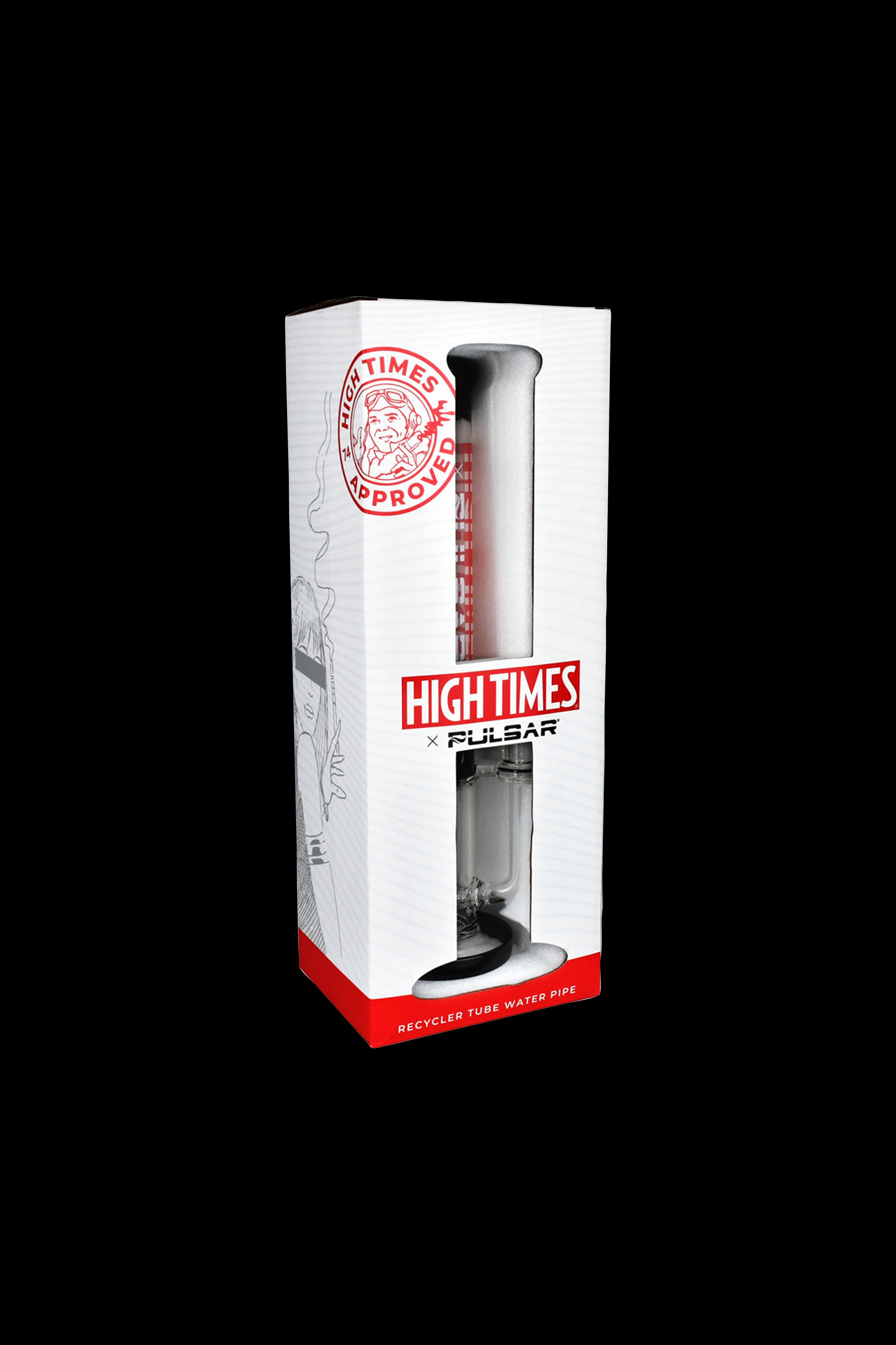 A boxed glass water pipe with a red mouthpiece, branded “High Times x Pulsar” and labeled “Recycler Tube Water Pipe.”