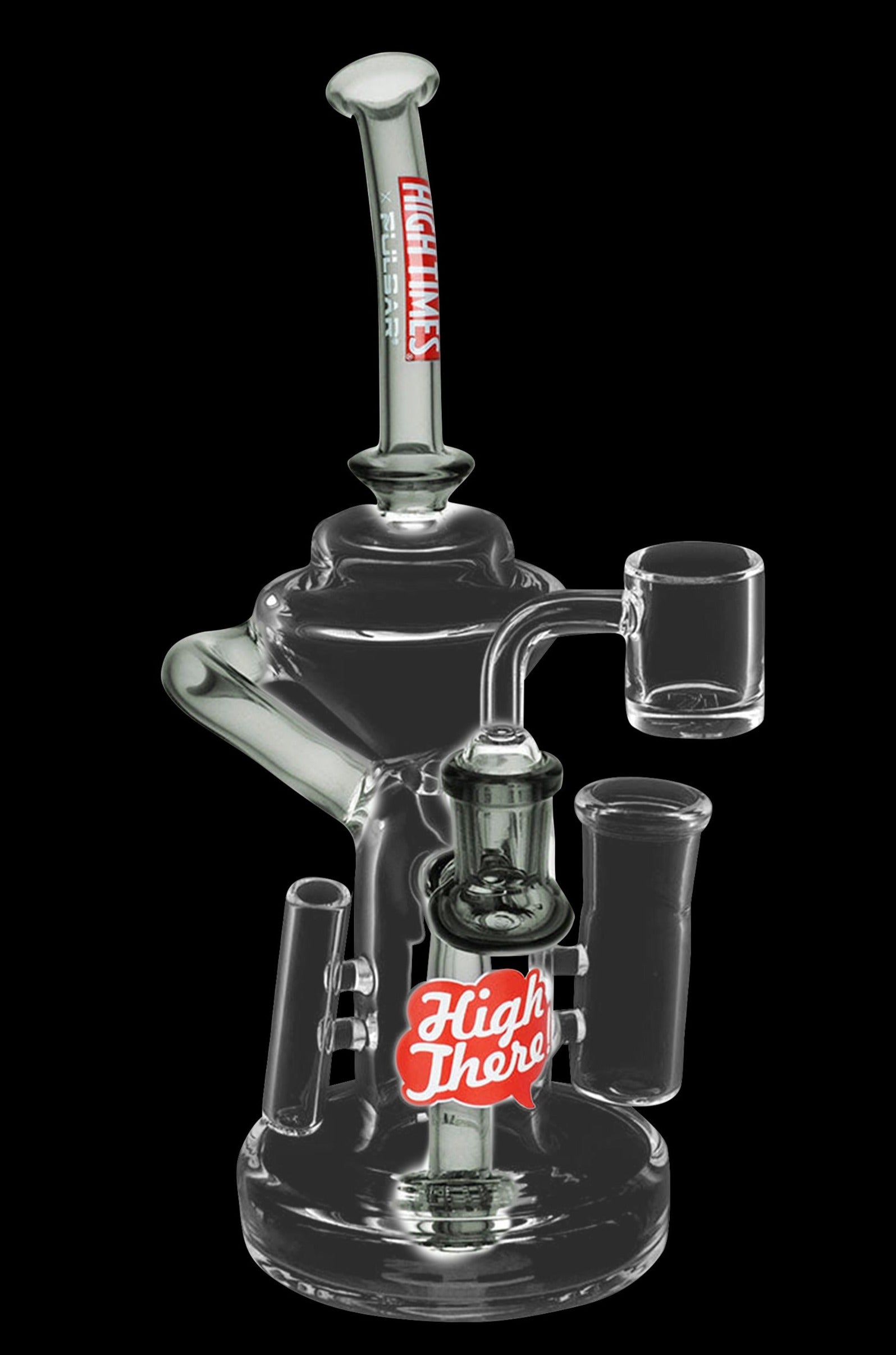 Clear glass water pipe (rig) with a bubbler and quartz nail, branded with “High There” logo.