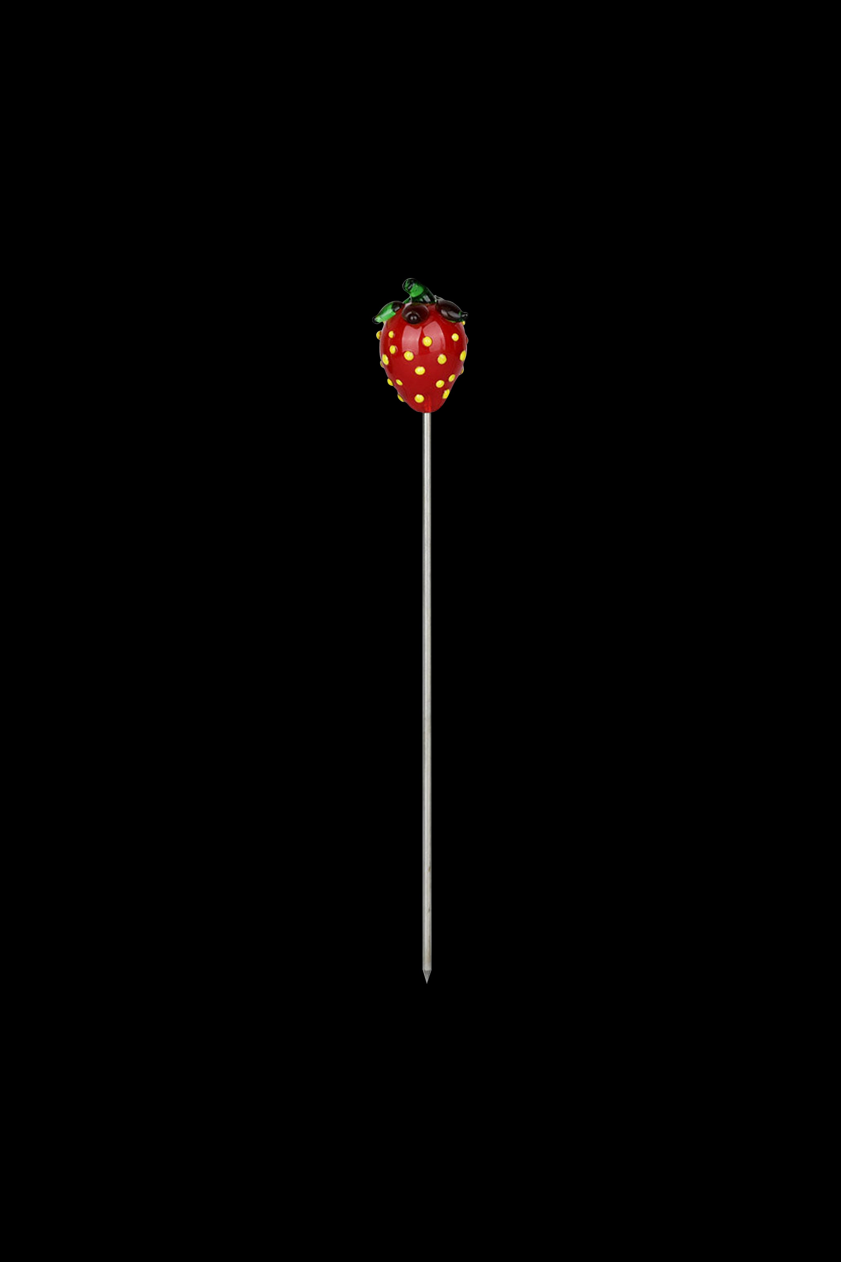 Strawberry-shaped dab tool with a long, slender metal tip on a black background.