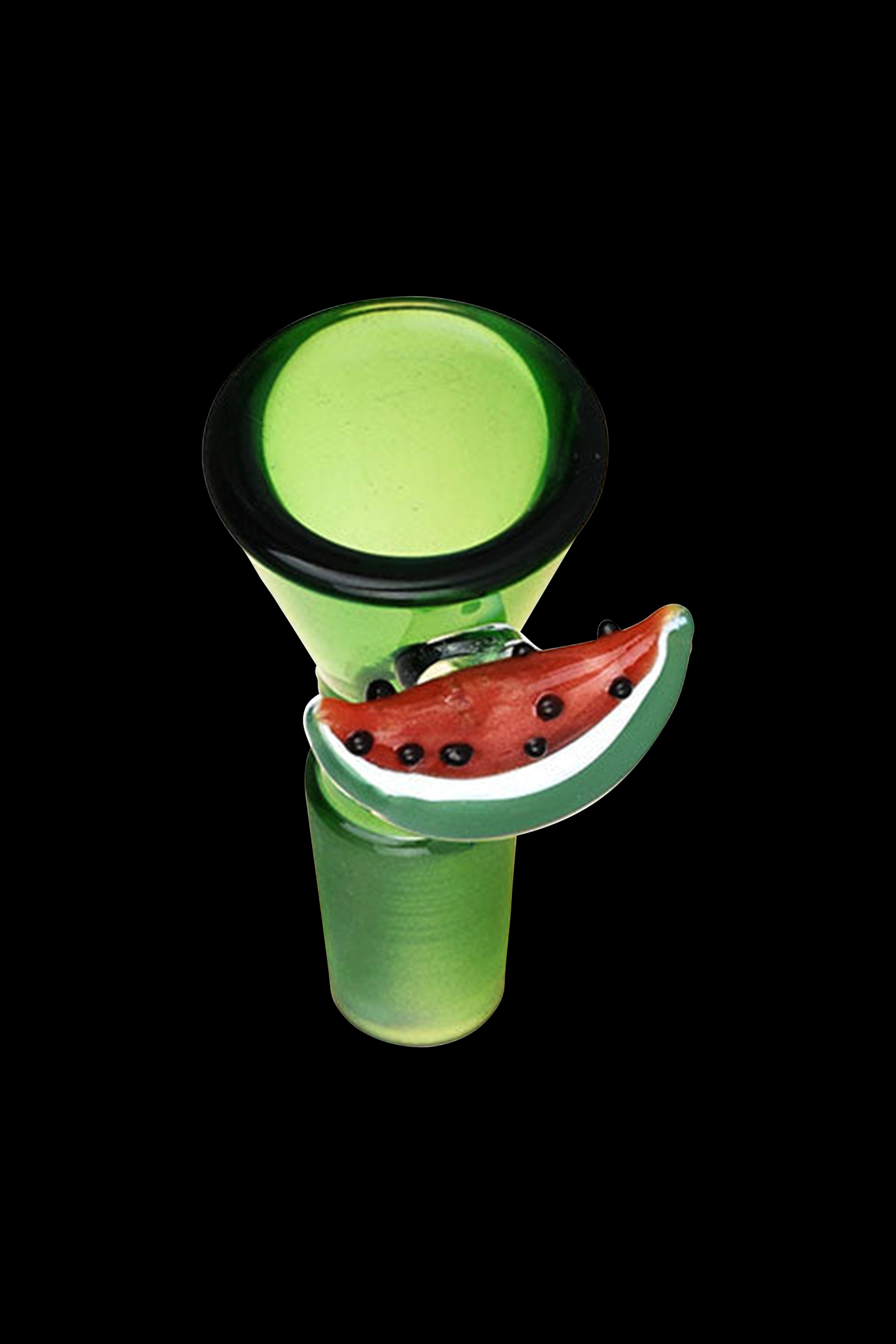 A vibrant green glass bowl with a watermelon-shaped screen insert, isolated on a black background.