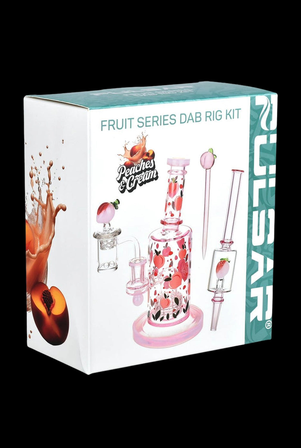 Three-quarter view of the box showing the Pulsar Fruit Series Peaches & Cream Glow in The Dark Dab Rig Kit - 8" / 14mm F artwork and pink peach-patterned rig on a white background.