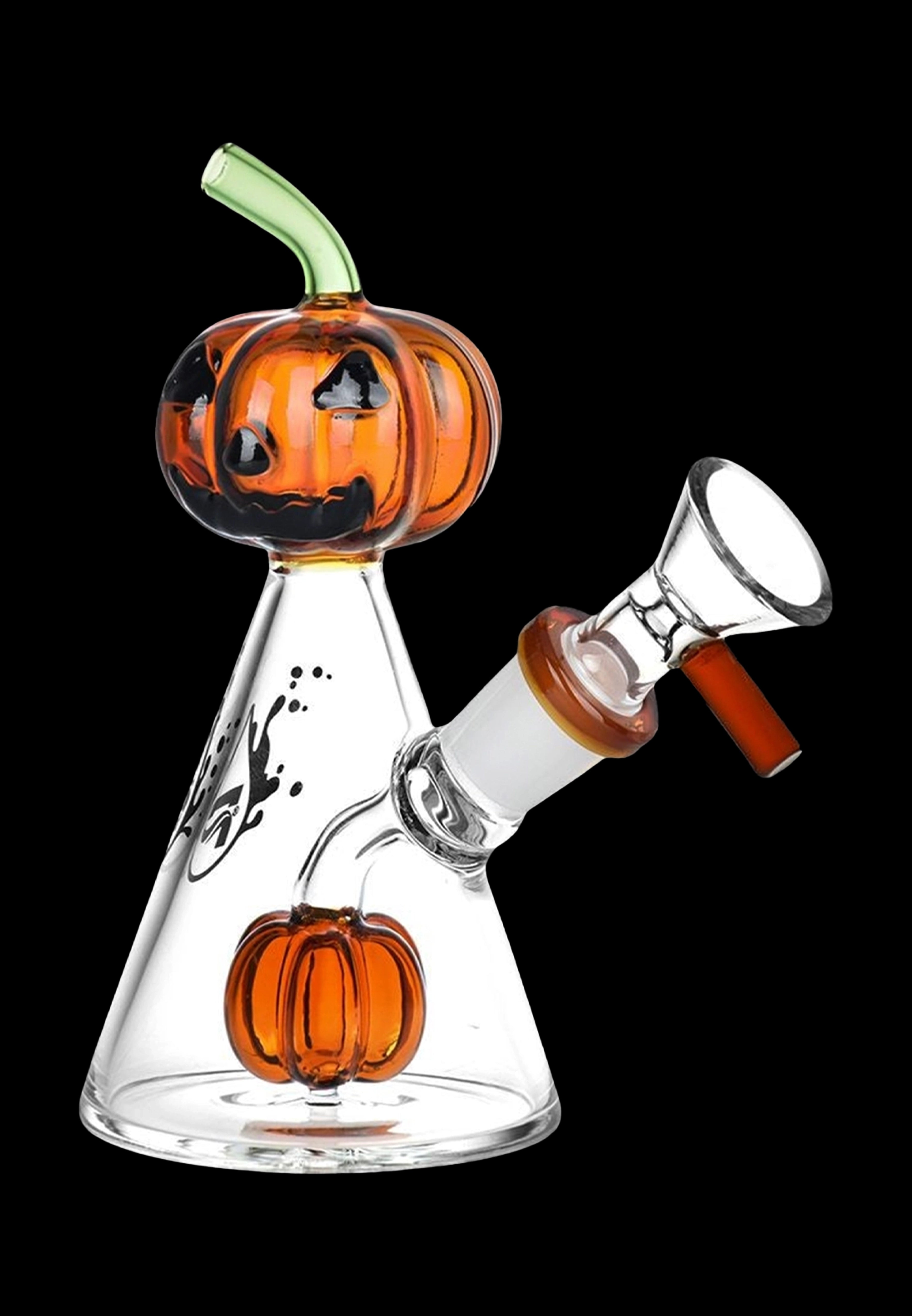 A glass water pipe shaped like a jack-o'-lantern with an orange pumpkin base and a carved pumpkin top, featuring spooky black designs.