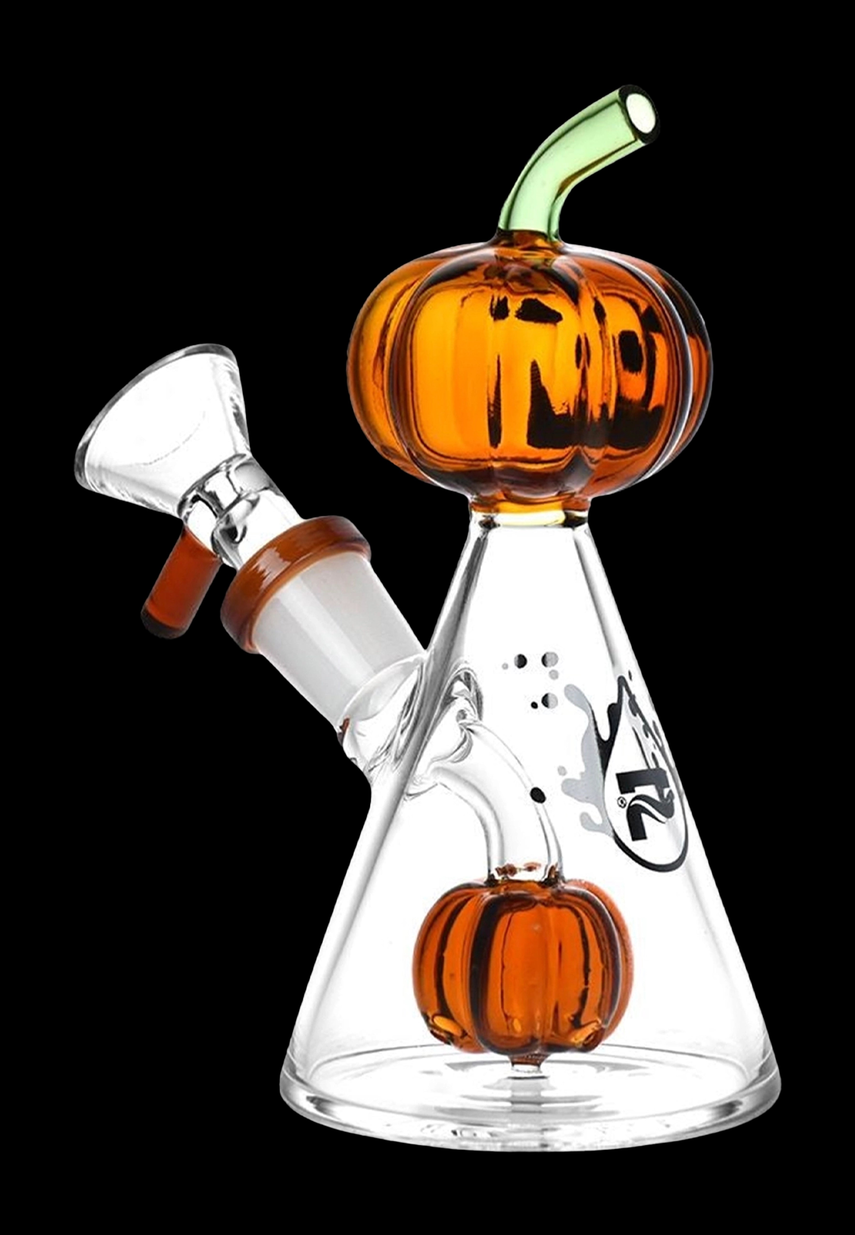 Pumpkin-shaped glass water pipe with orange accents and a removable bowl.