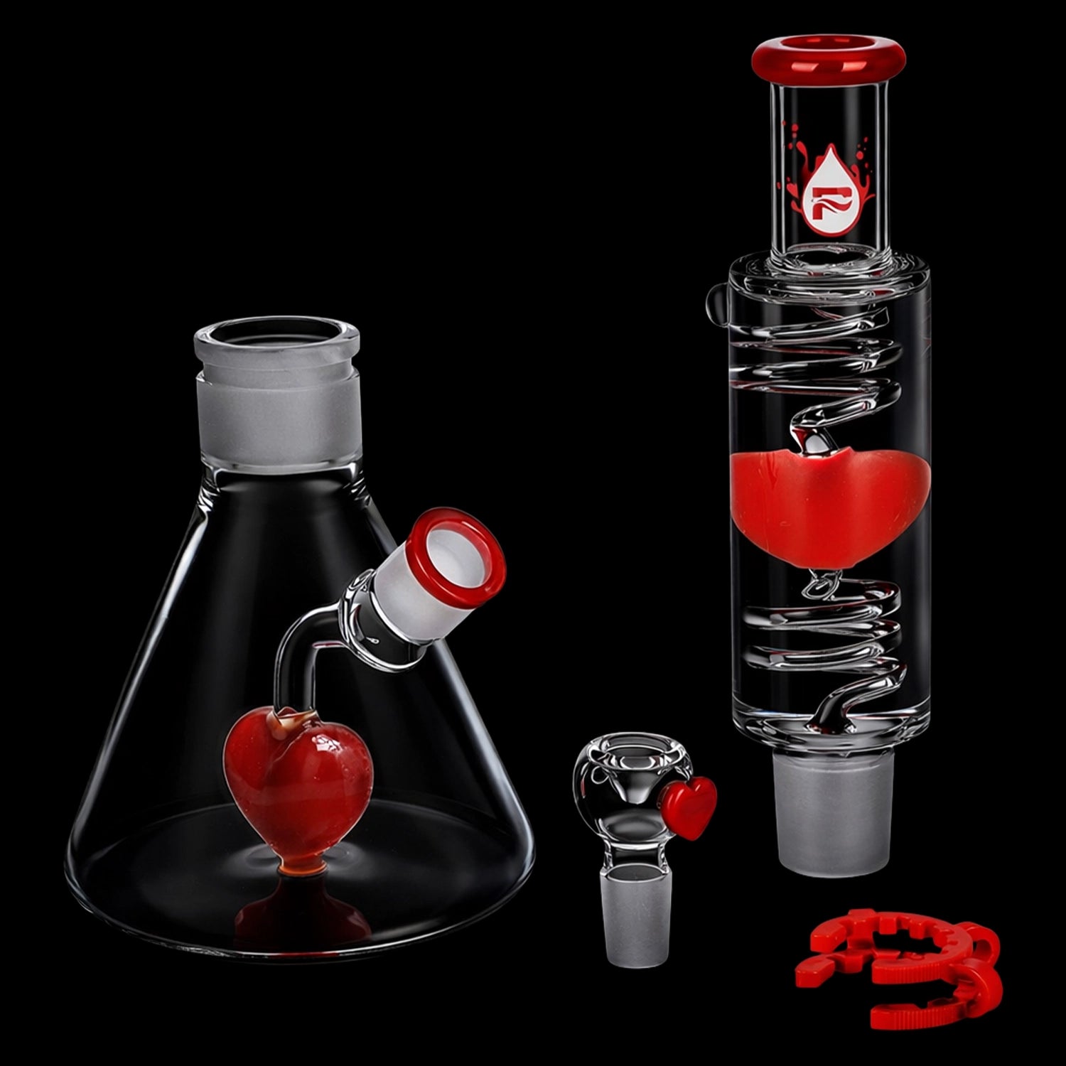 Close-up on the glass components, showing the Pulsar Love Heart Beat Glycerin Beaker Glass Water Pipe - 14" / 19mm F with red hearts.