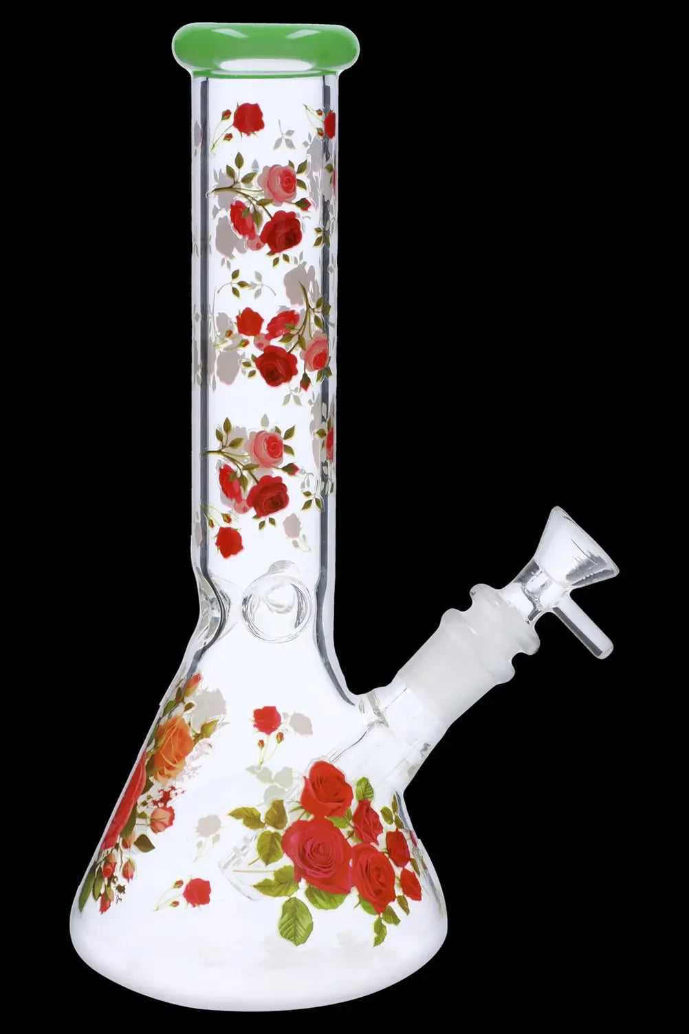 Front view of the 10" Flower Decal Beaker Bong, showcasing a clear glass beaker with a colorful floral decal design.