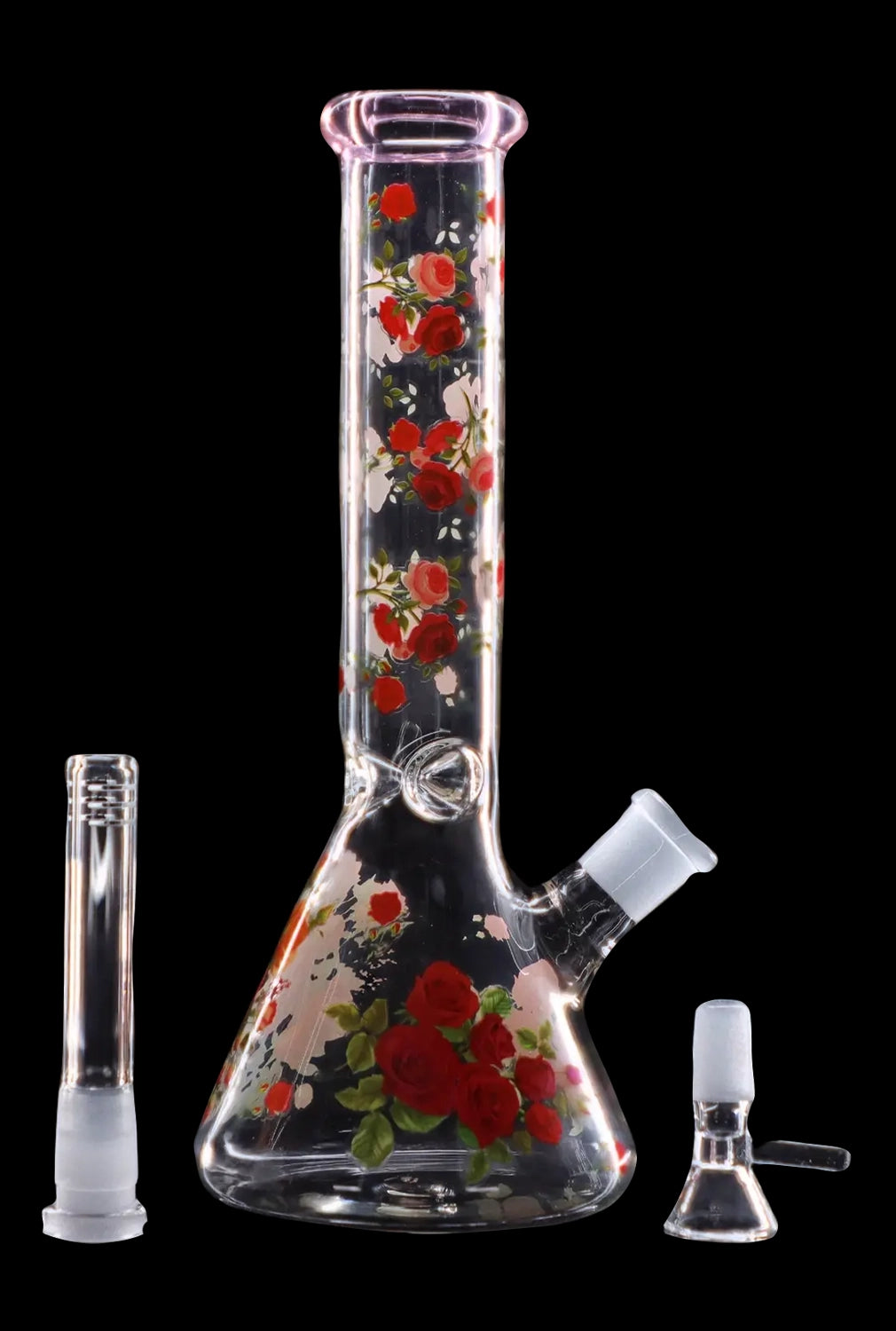 Front view of the 10" Flower Decal Beaker Bong, displaying a floral decal on clear glass with a wide base and narrow neck.