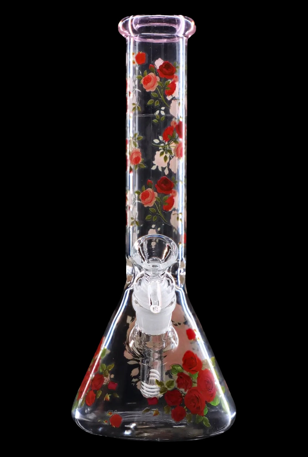 Front view of the 10" Flower Decal Beaker Bong, showcasing a clear glass beaker with a colorful floral decal design.