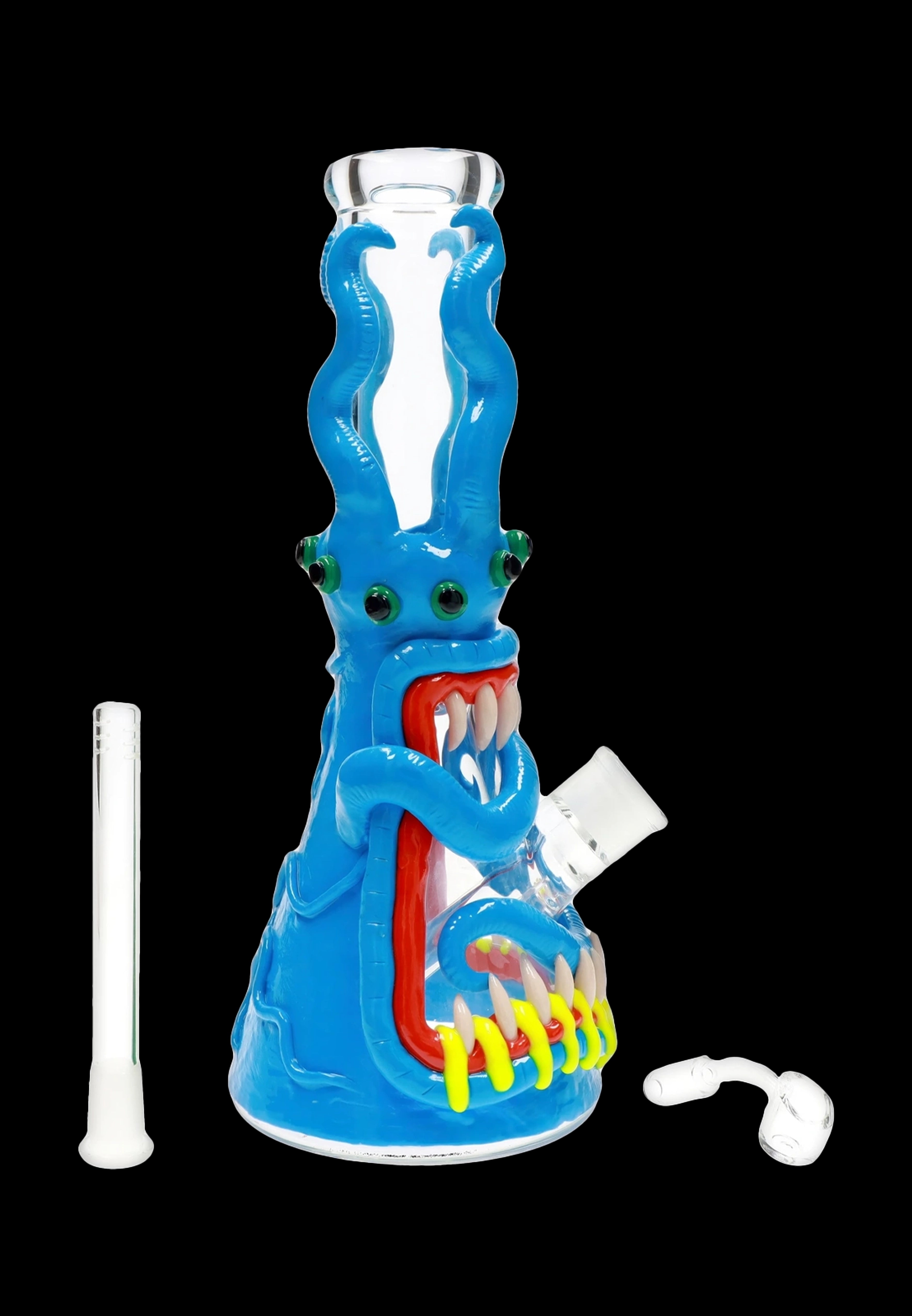 Blue glass water pipe shaped like a monster with sharp teeth, accompanied by a glass downstem and carb cap.