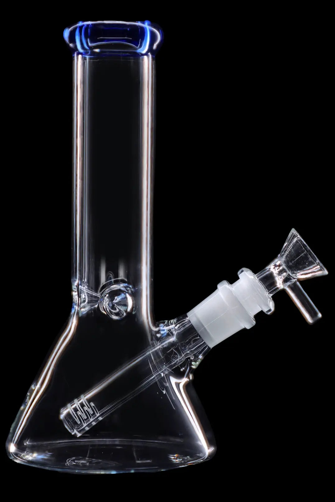 Clear glass bong with blue accents, isolated on a black background.