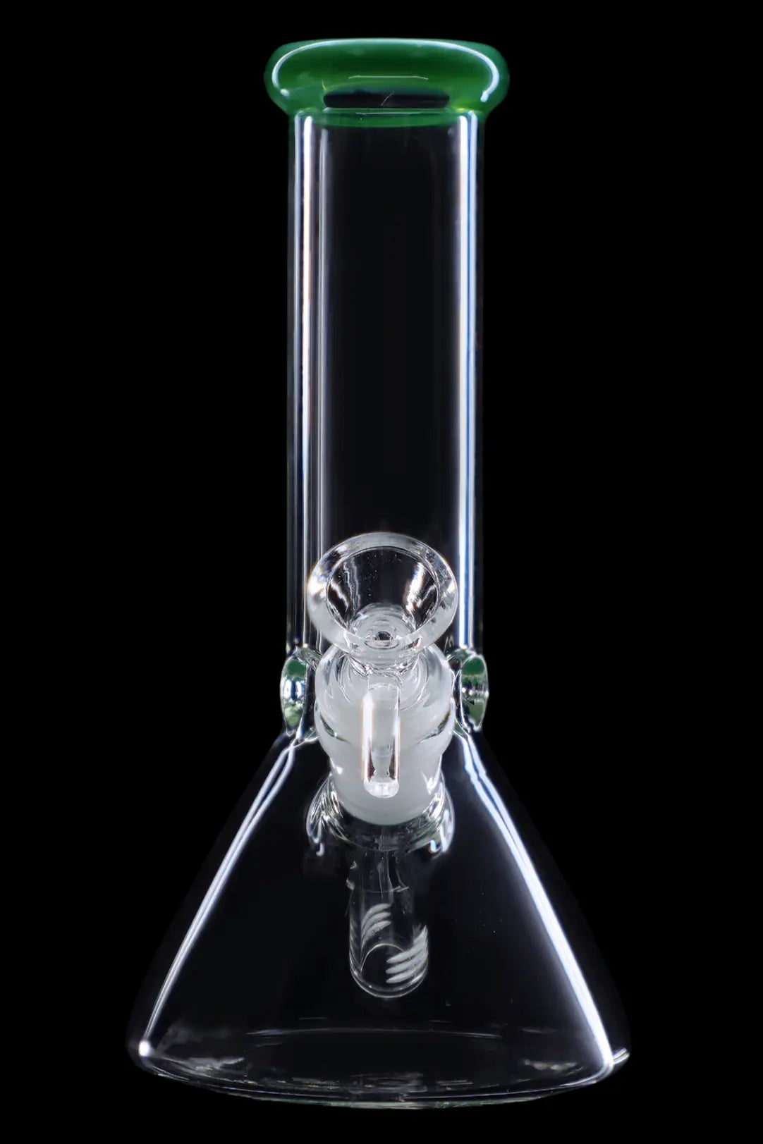 Clear glass bong with green accents, isolated on a black background.