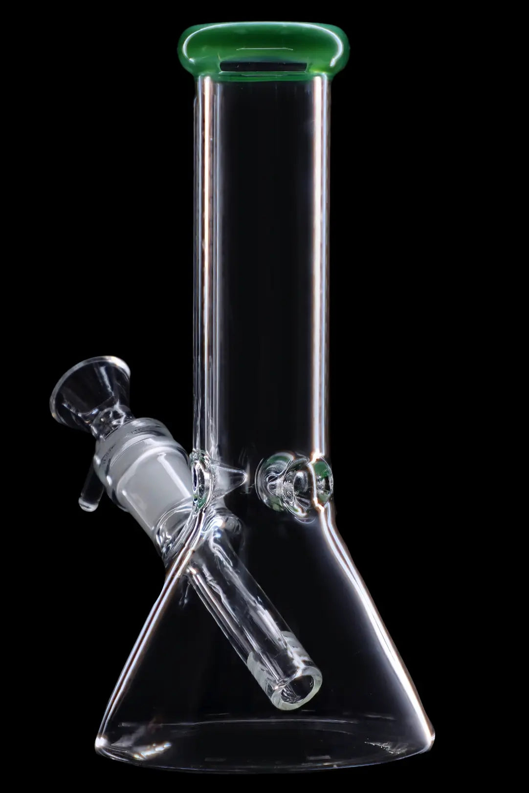 Clear glass bong with green accents against a black background.