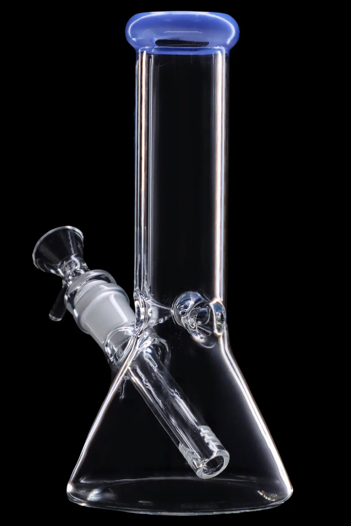 Clear glass bong with blue accents against a black background.