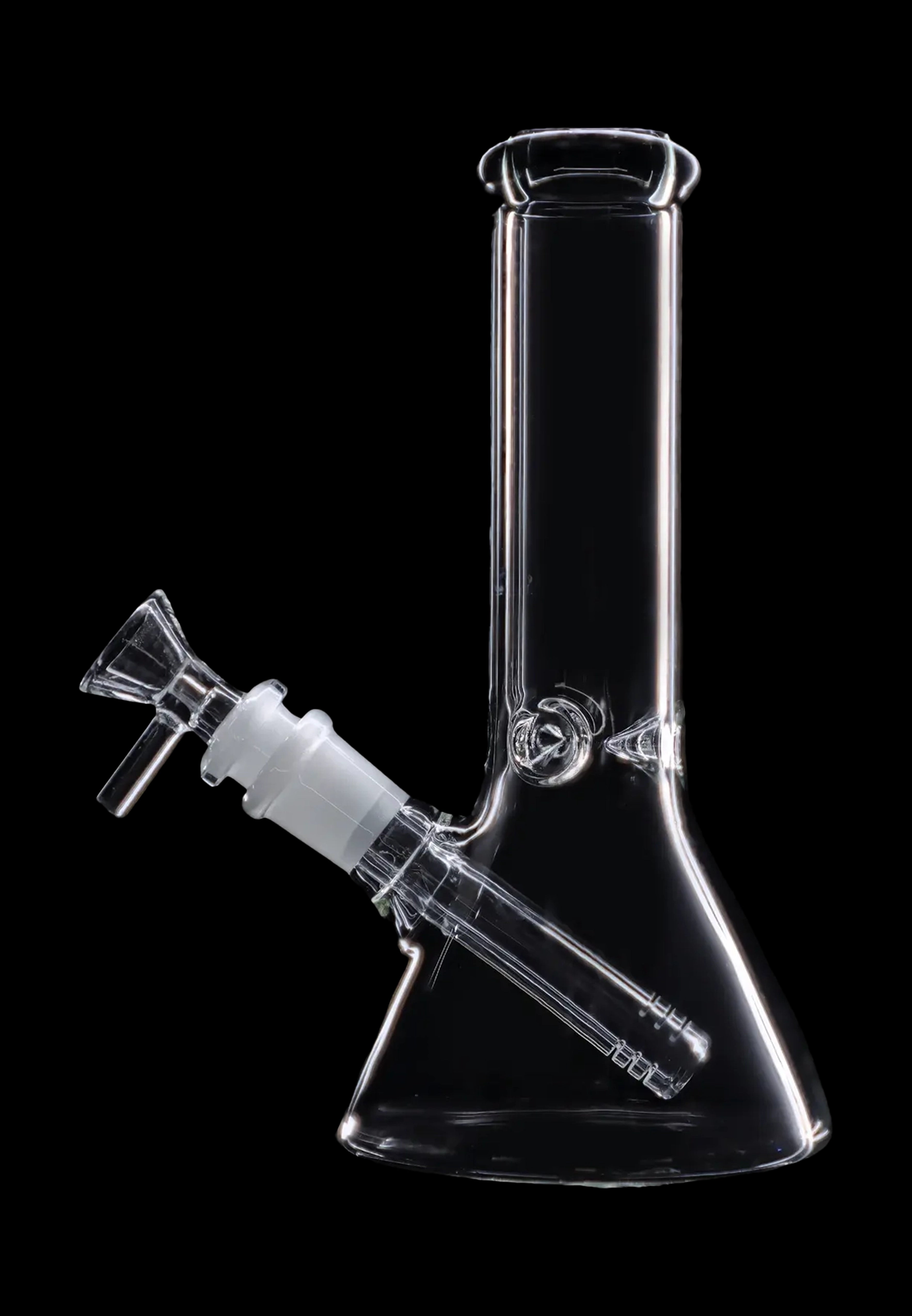 Clear glass bong with removable downstem and bowl against a black background.