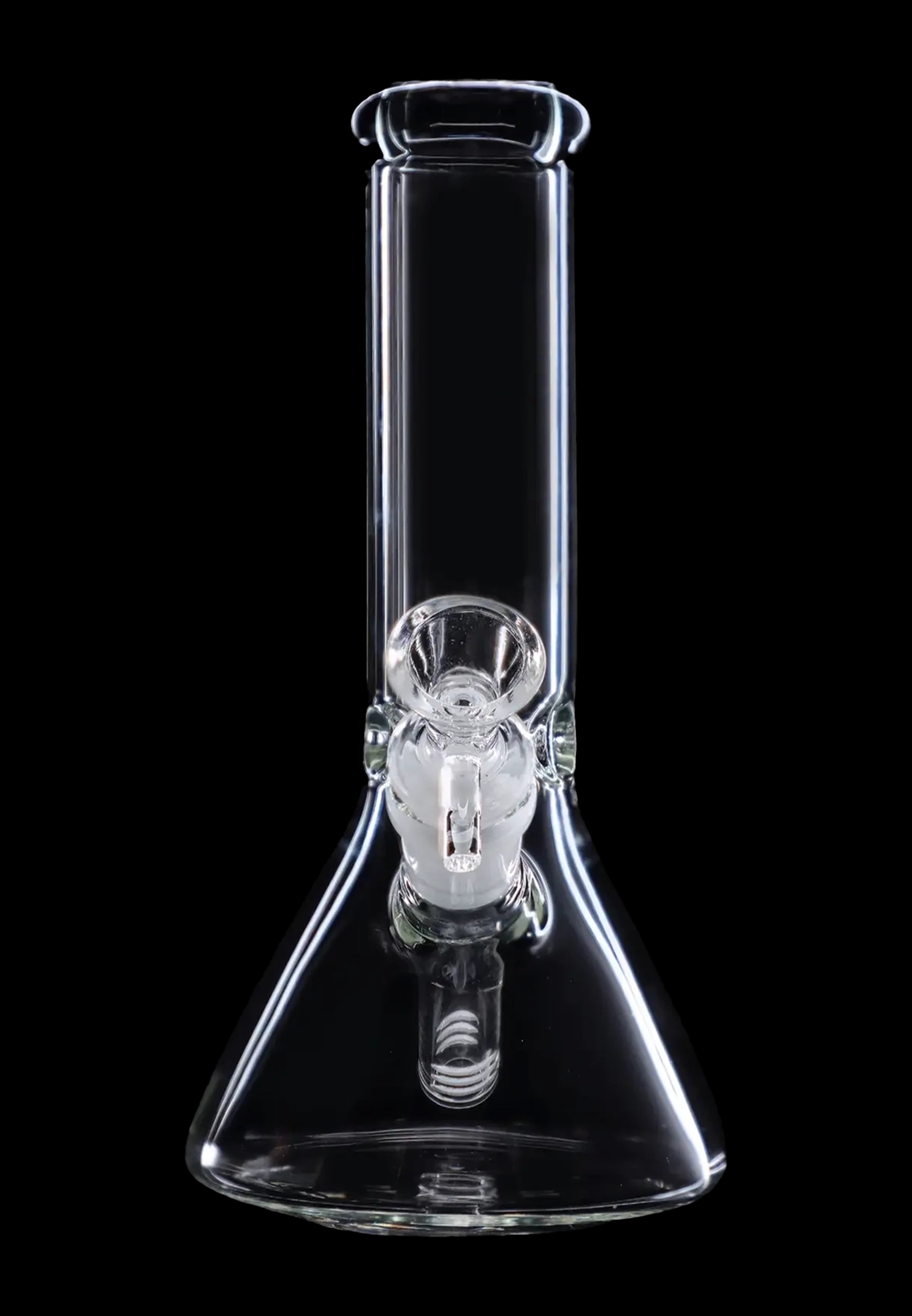 Clear glass bong with ice catcher, isolated on black.