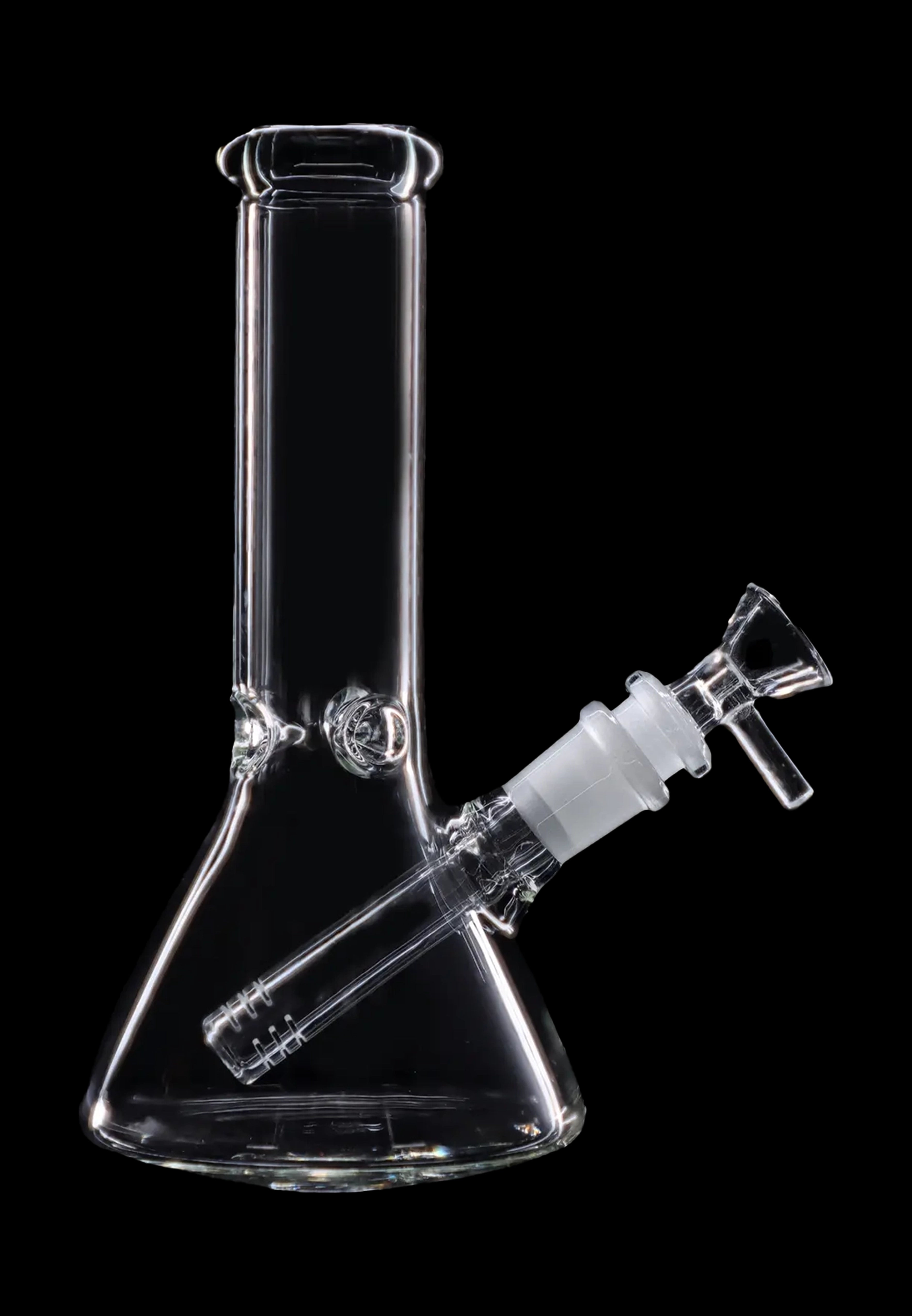 Clear glass bong with a downstem, isolated on a black background.