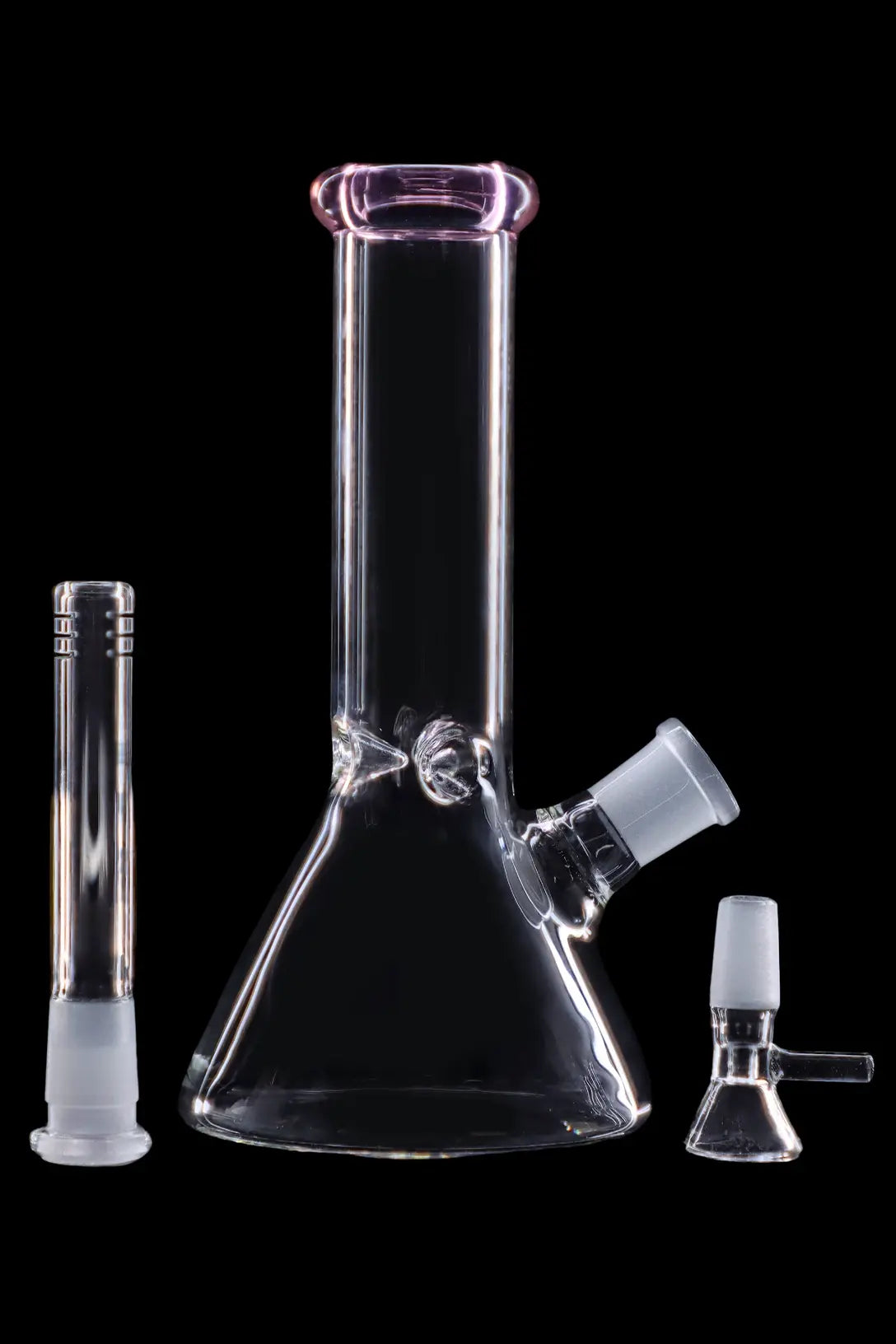 Glass bong with downstem and bowl, isolated on a black background.