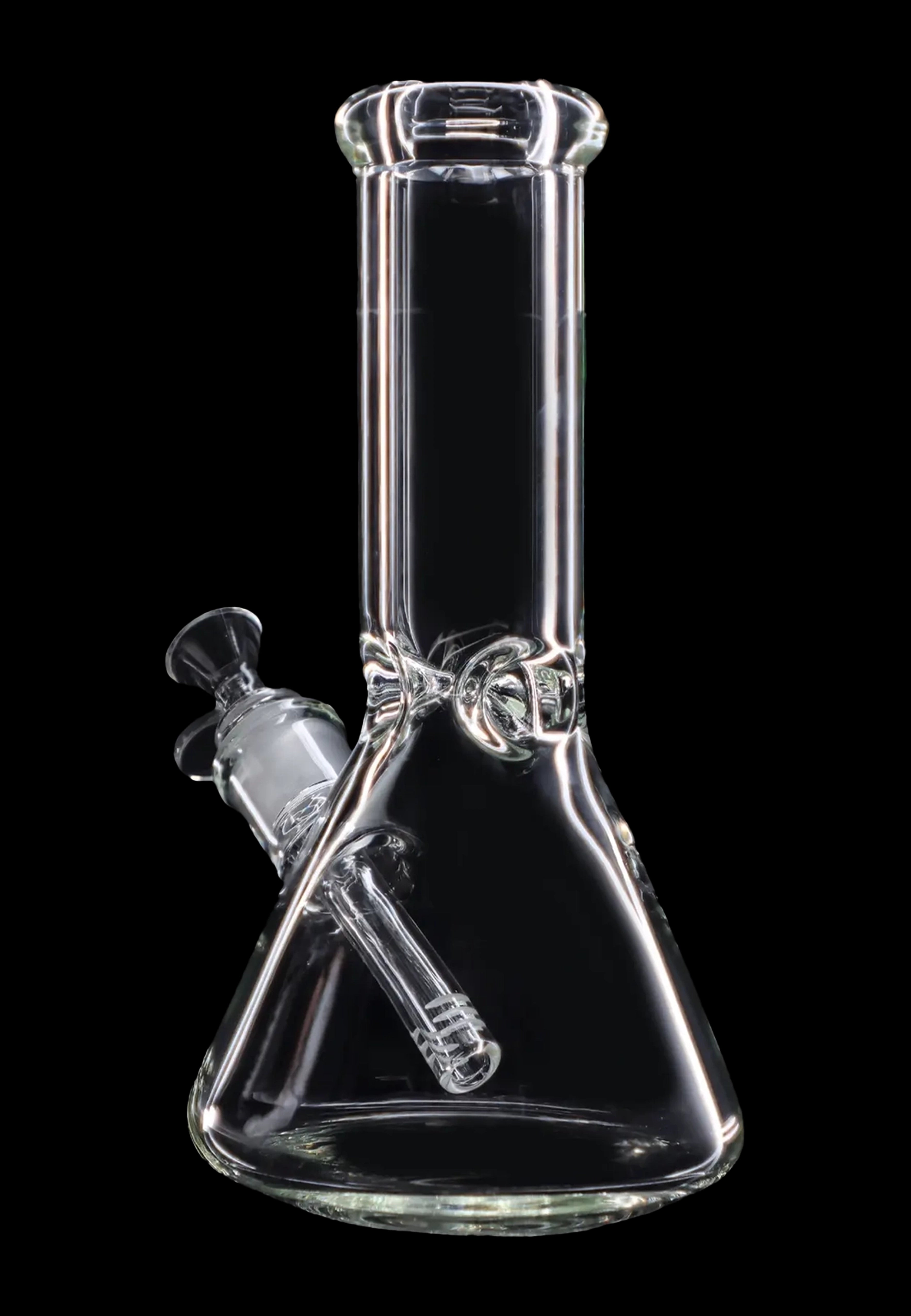 Clear glass bong against a black background.
