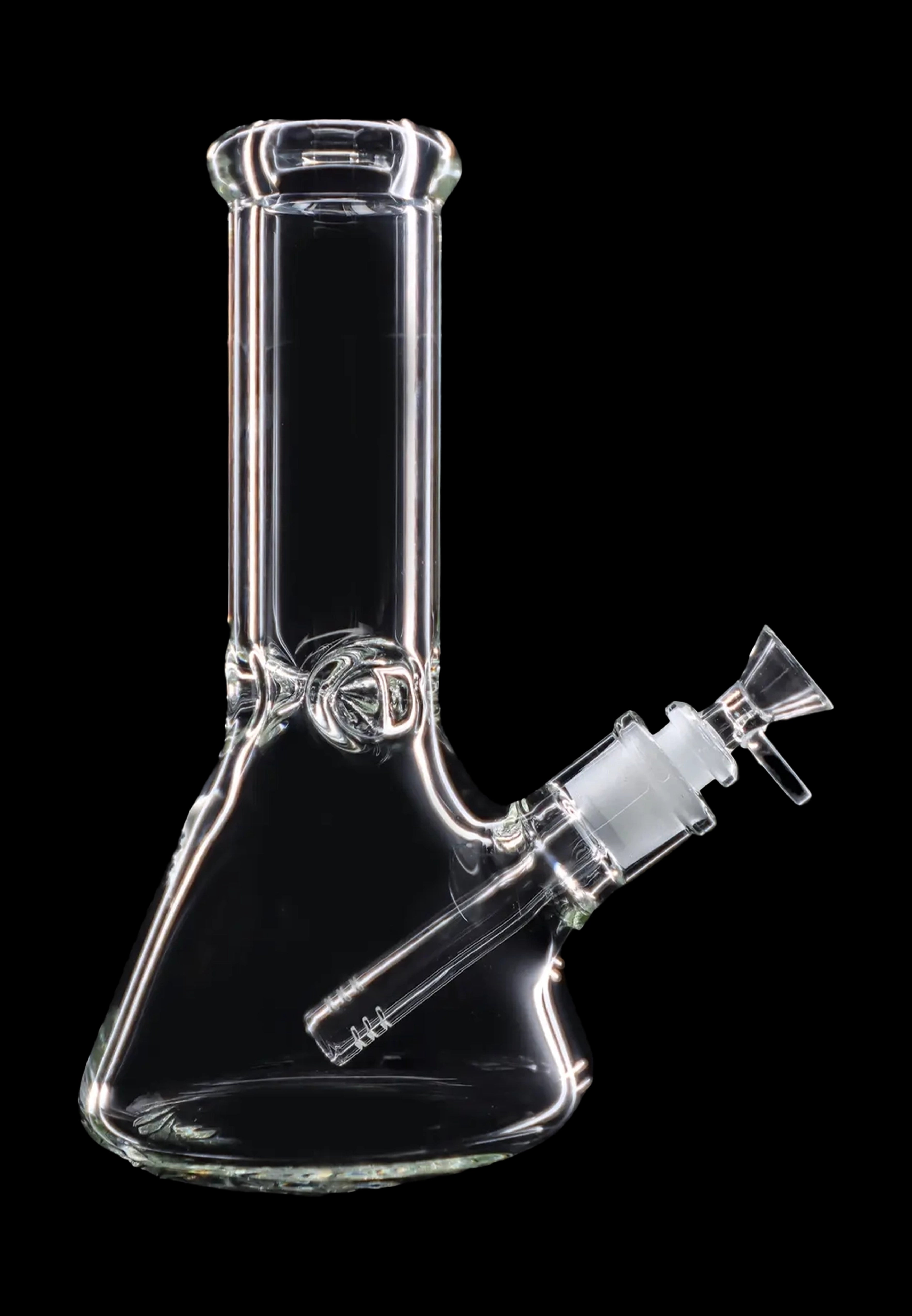 Clear glass bong against a black background.
