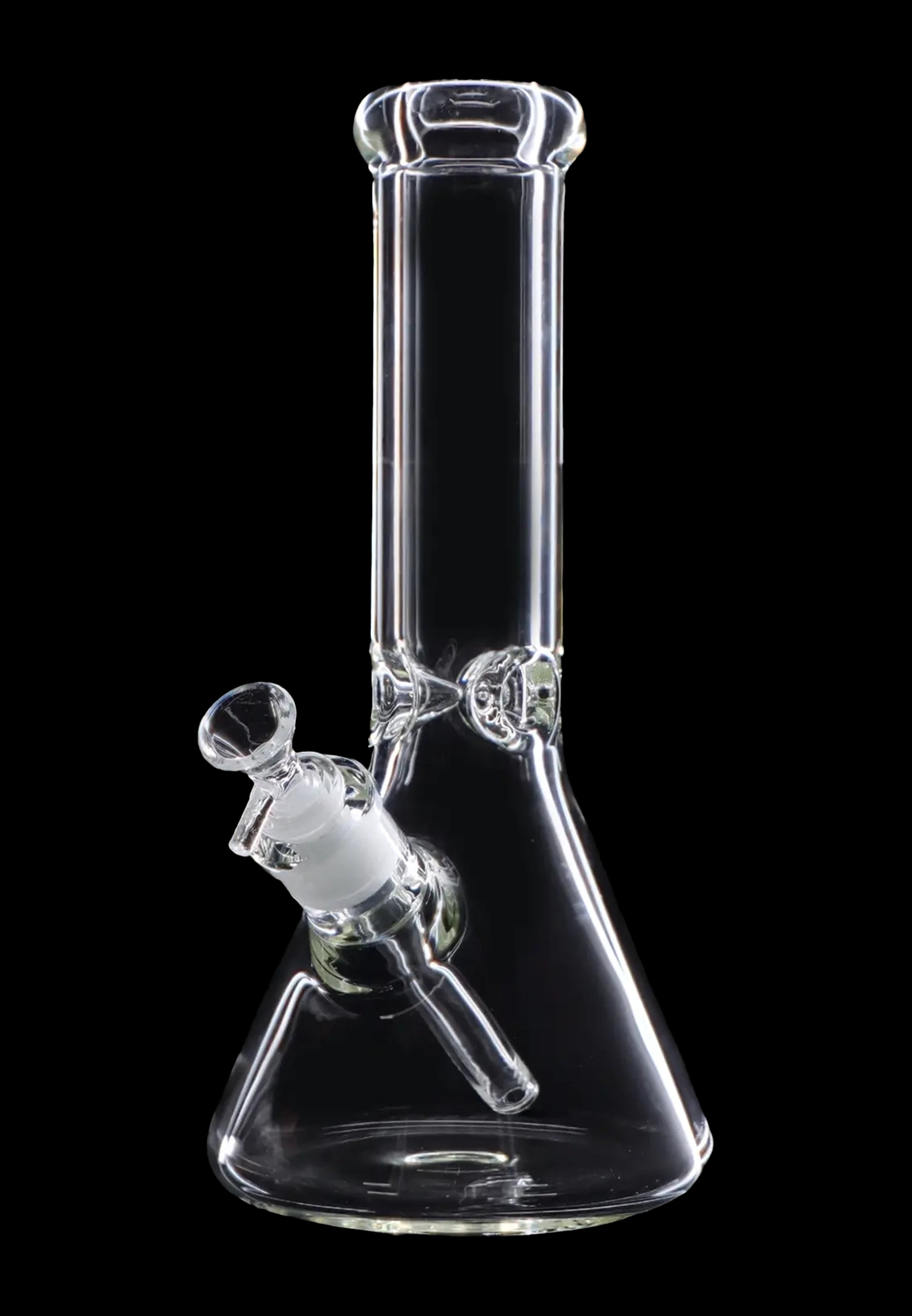 Clear glass bong with a downstem and bowl against a black background.