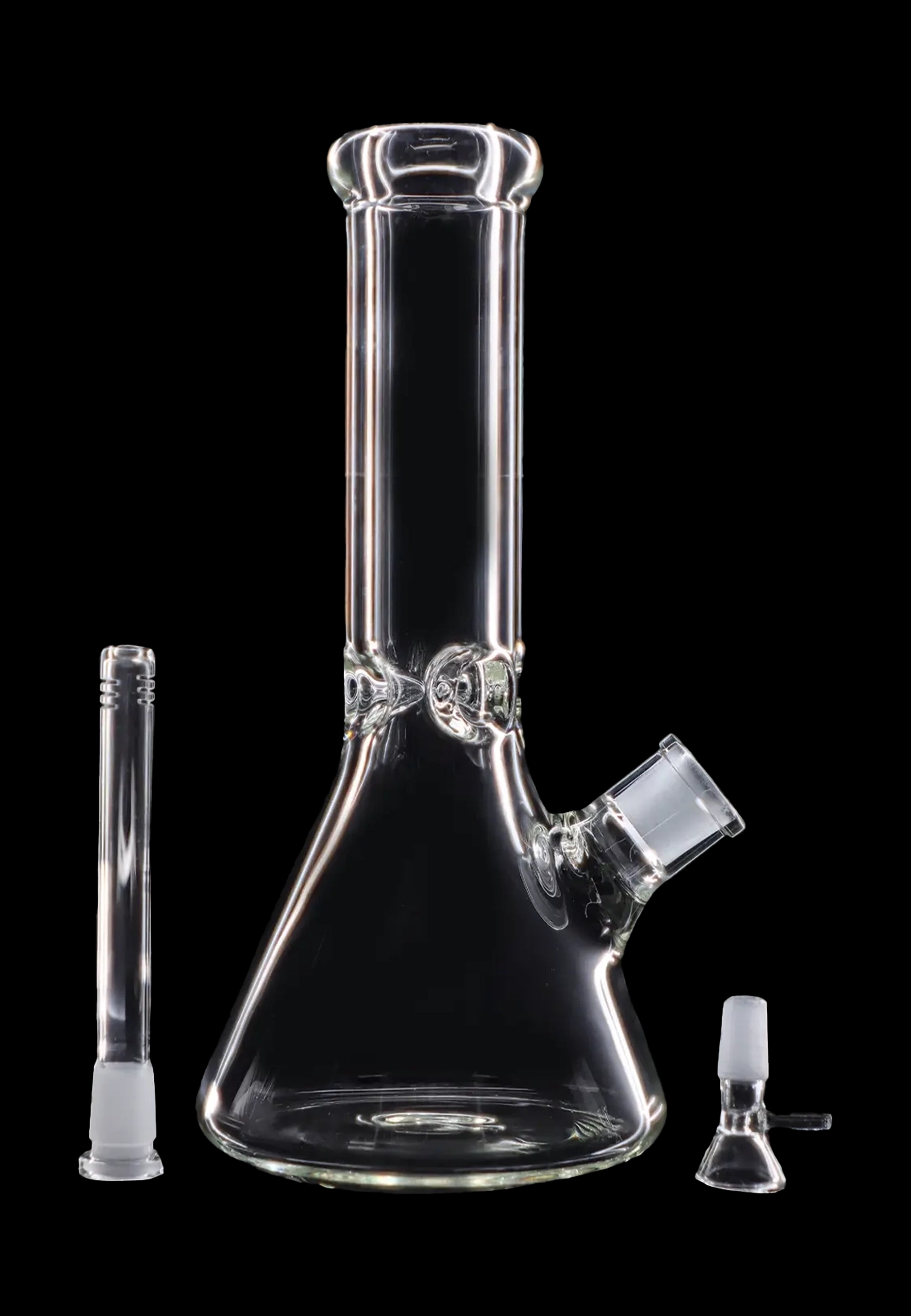 Clear glass bong with downstem and bowl, isolated on a black background.