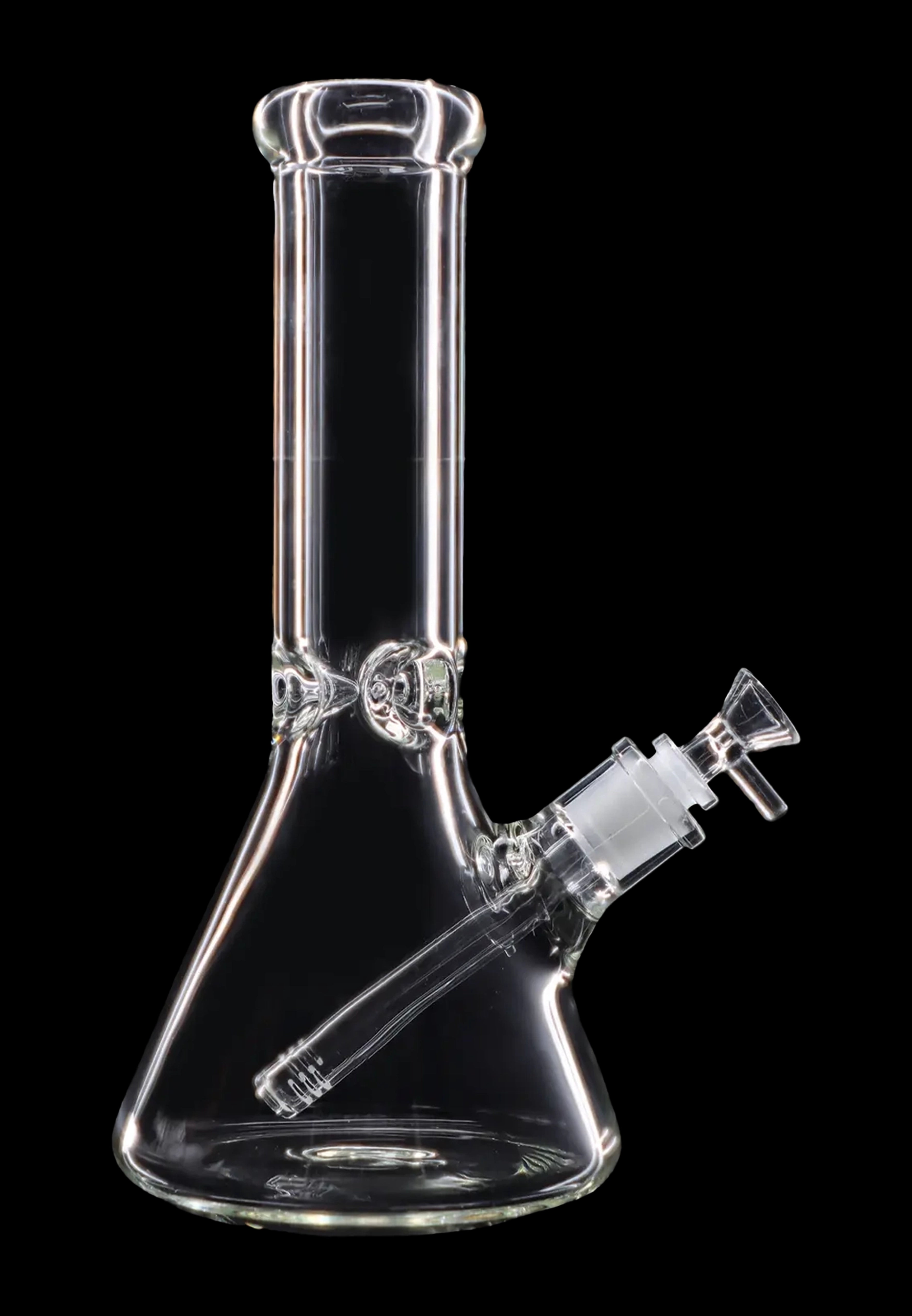 Clear glass bong with a downstem, isolated on a black background.