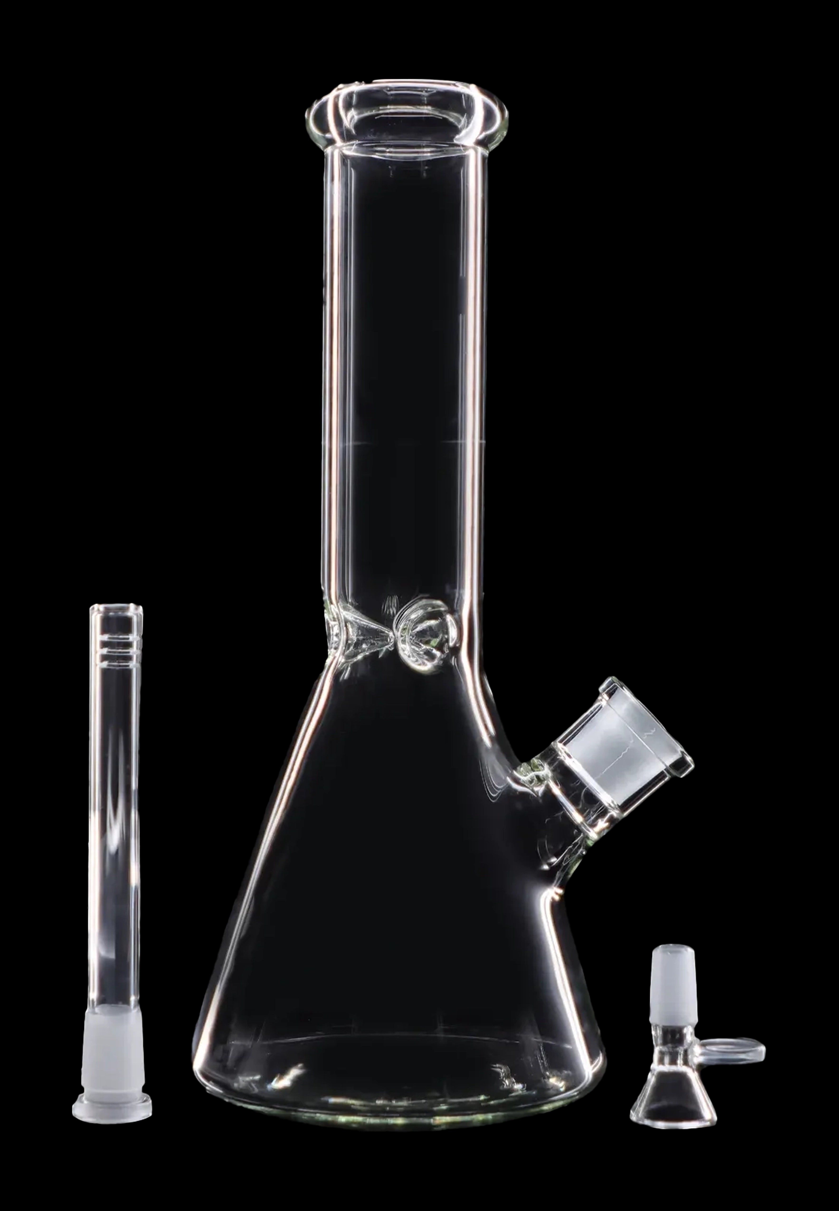 Clear glass bong with downstem and bowl, displayed with a separate glass tube.