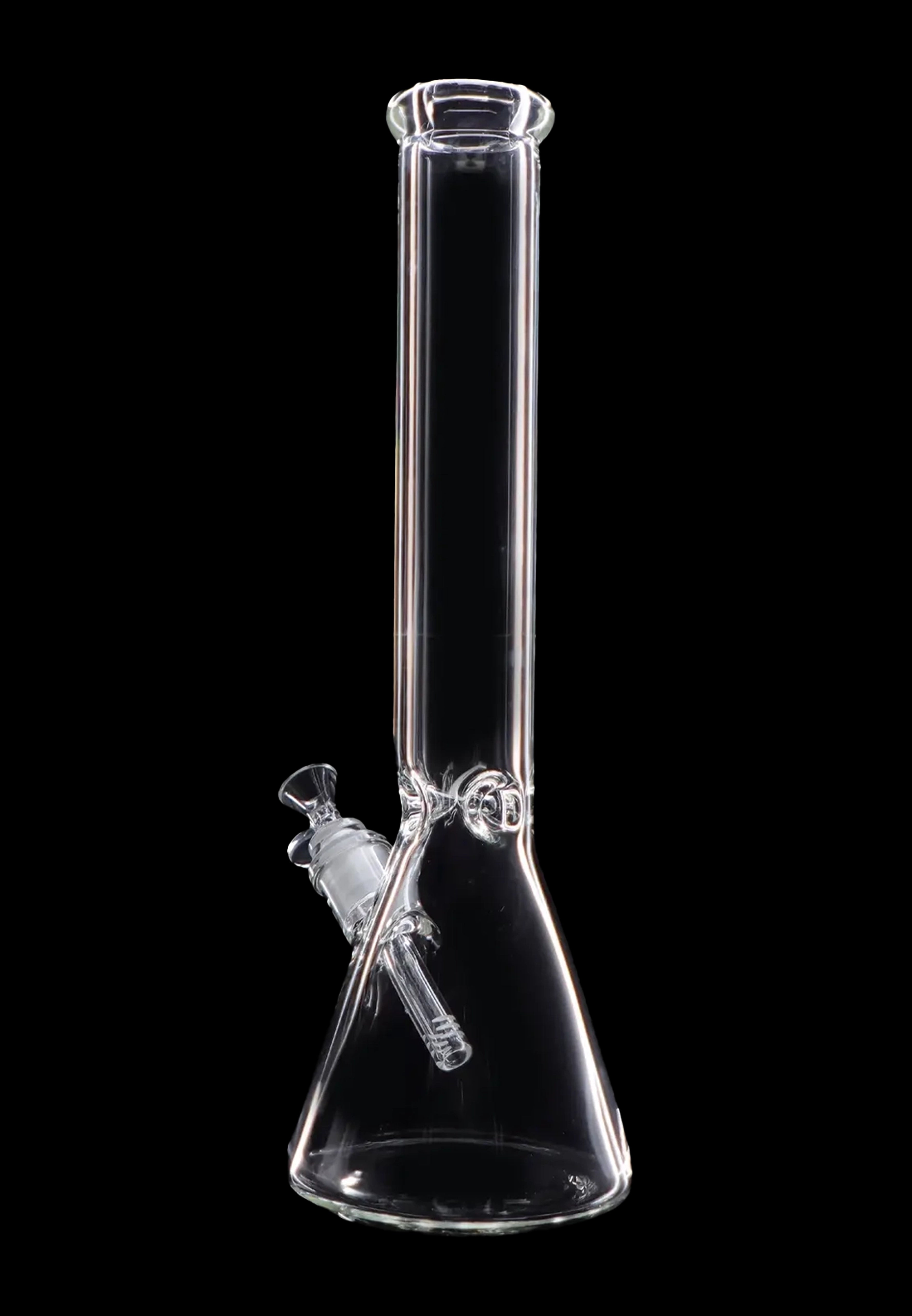 Clear glass bong against a black background.