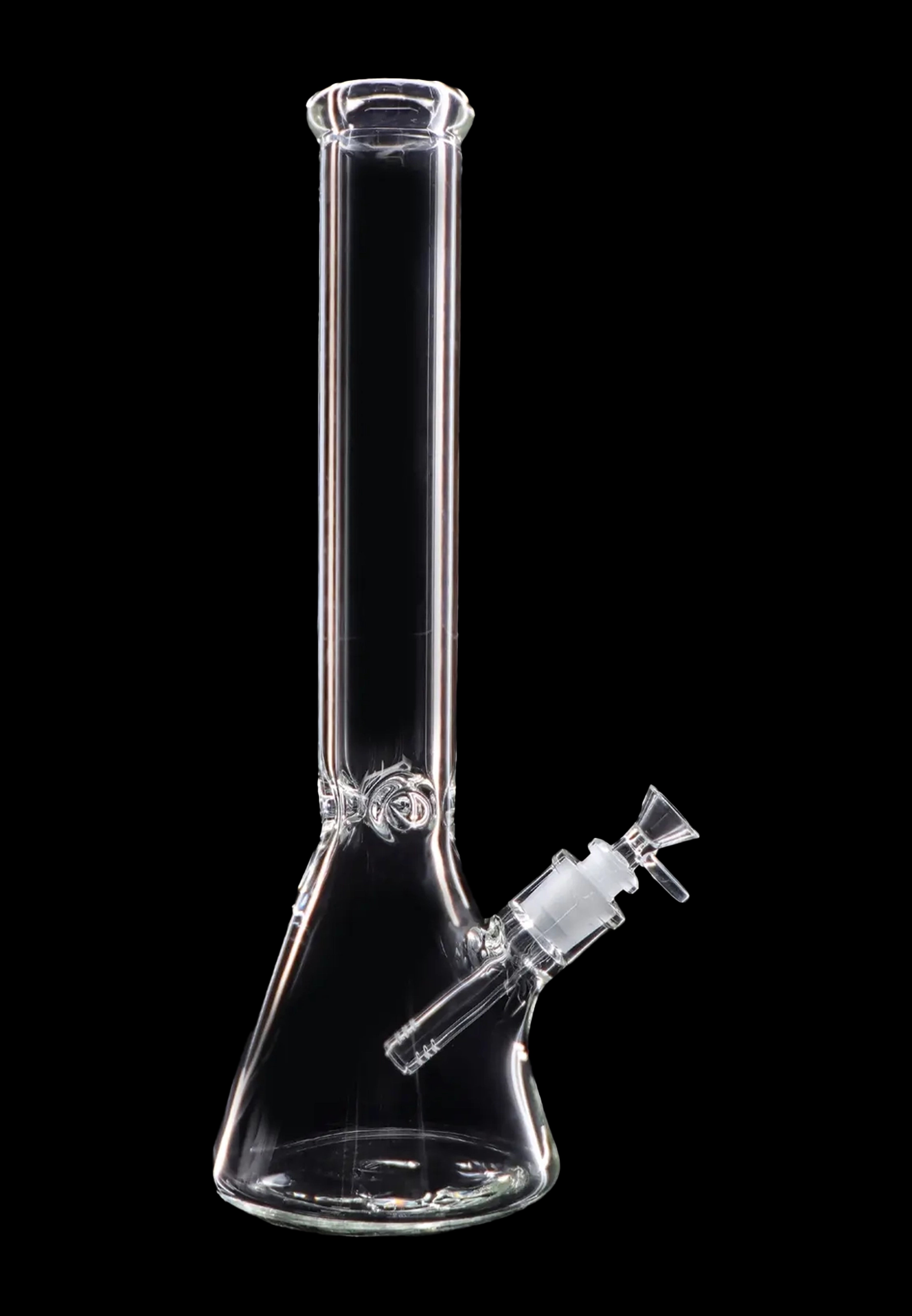 Clear glass bong against a black background.