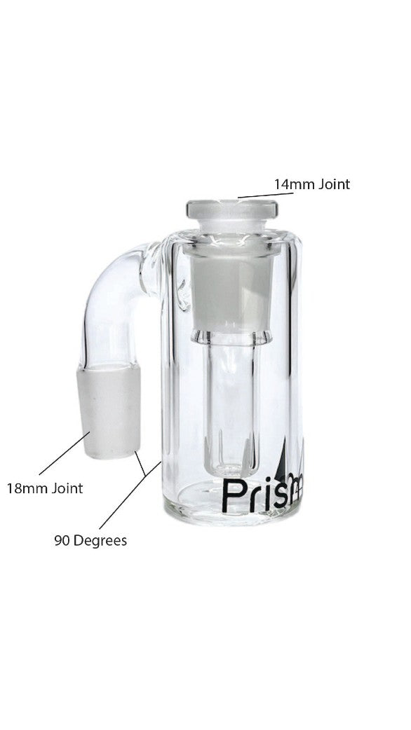 Glass bubbler with labeled joints and 90-degree angle, branded "Prism."