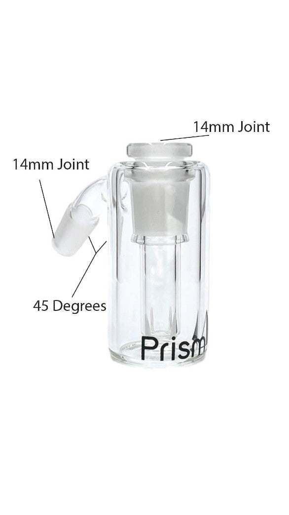 Clear glass bubbler with labeled parts including 14mm joints and 45-degree angle, branded "Prism."