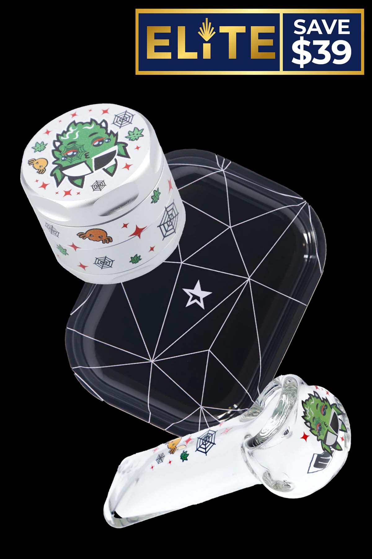 Cannabis accessories including a grinder, glass pipe, and coaster with spooky cartoon designs, advertised with a "$39 savings" banner.