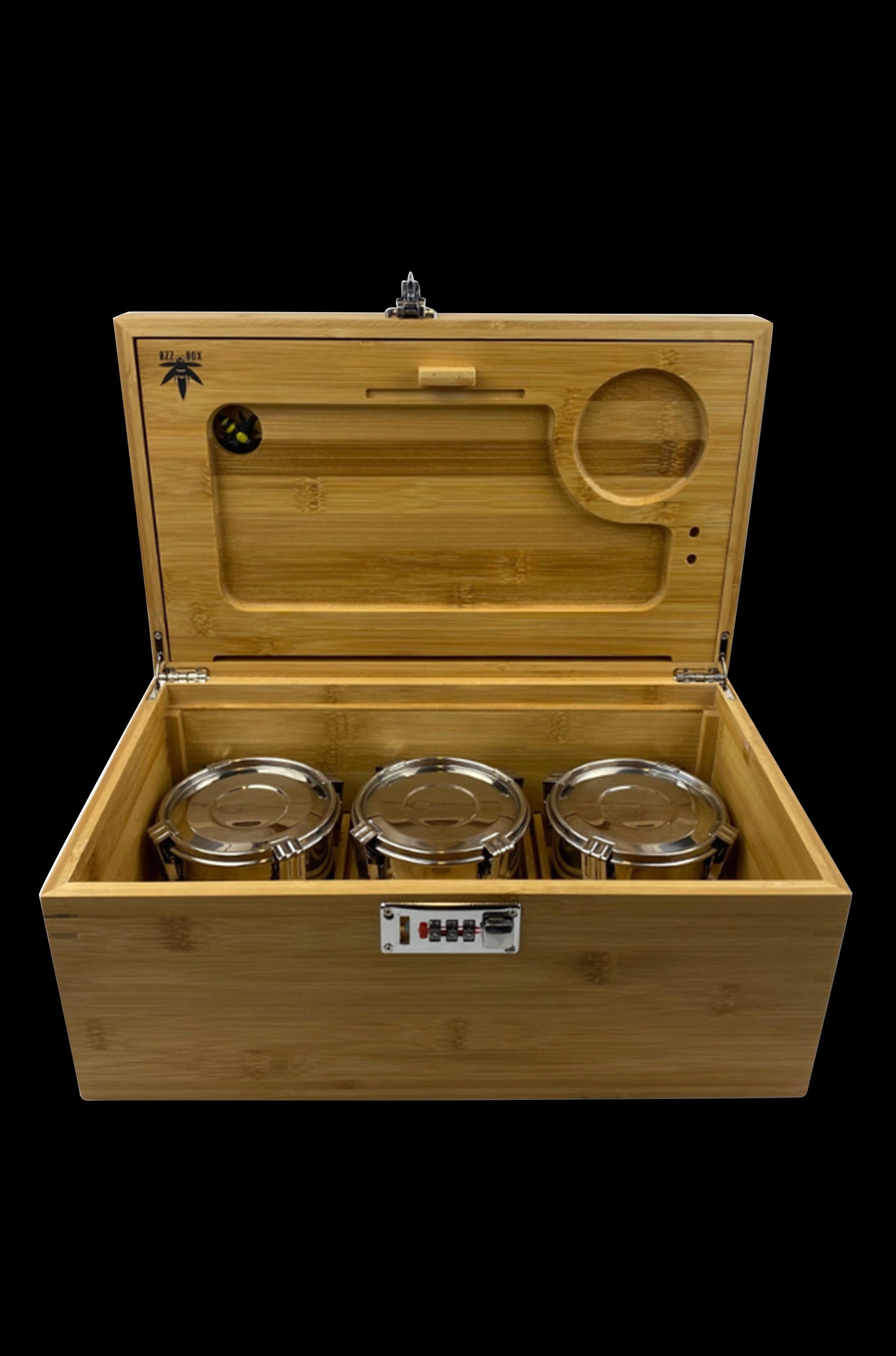 Wooden storage box open, displaying three glass jars and cannabis accessories inside.