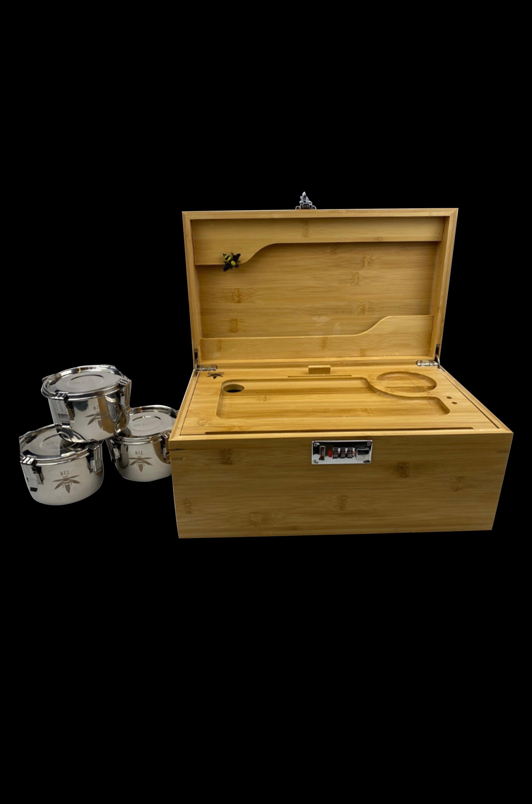 Wooden cannabis storage box with metal grinder containers, displayed on a black background.