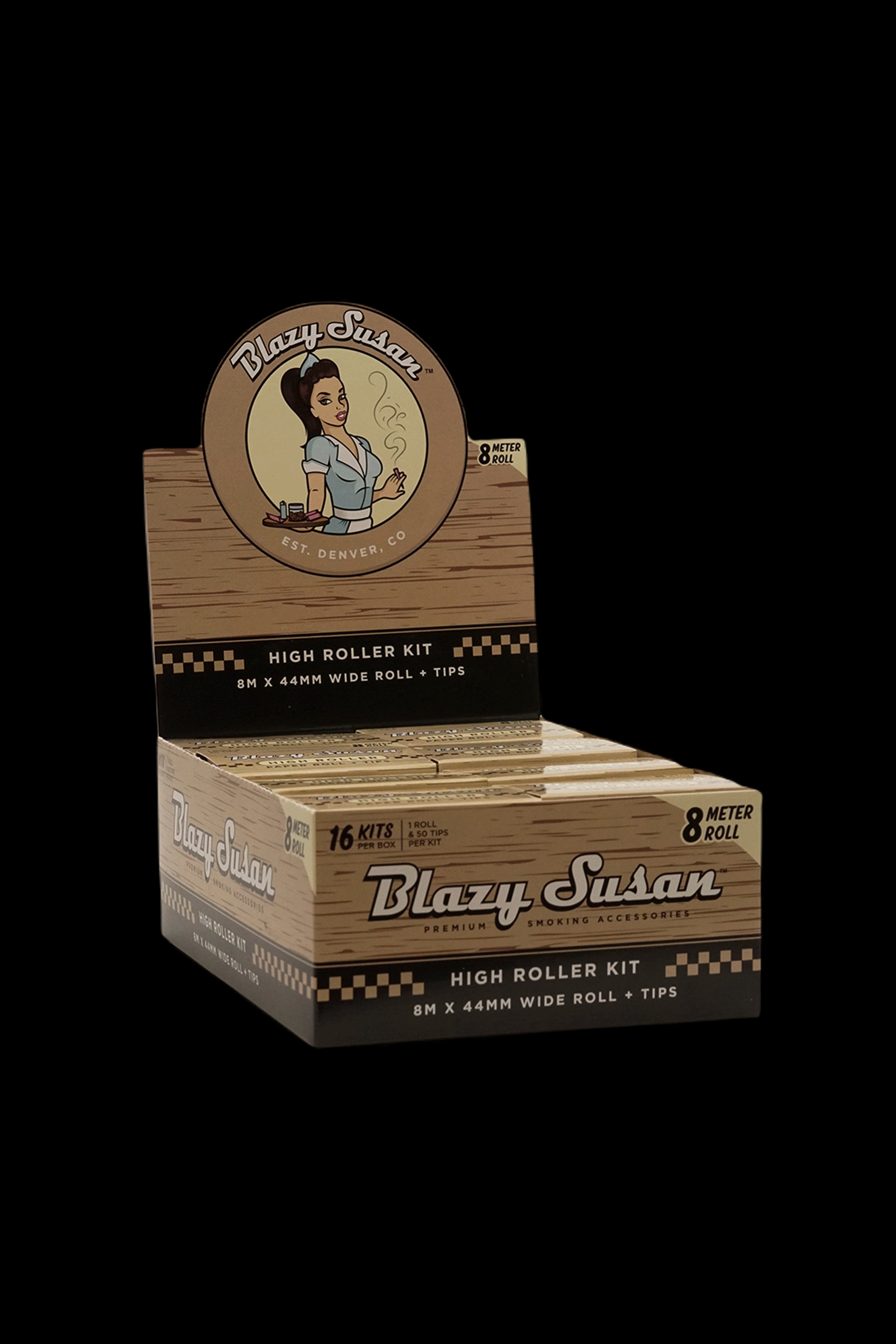 A box of “Blazy Susan” High Roller Kit rolling papers, featuring a vintage-style illustration of a woman and text indicating 8-meter rolls and included tips.