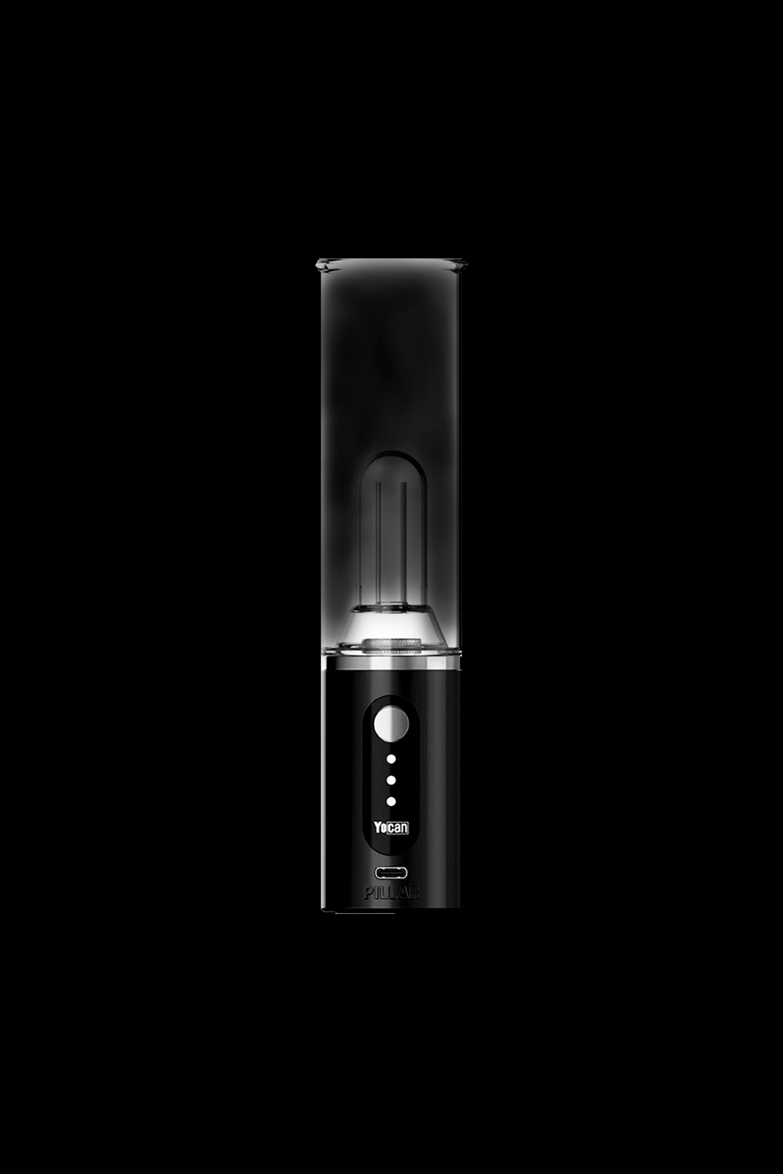 Black Yocan Prizm+ concentrate vaporizer pen with illuminated glass chamber.