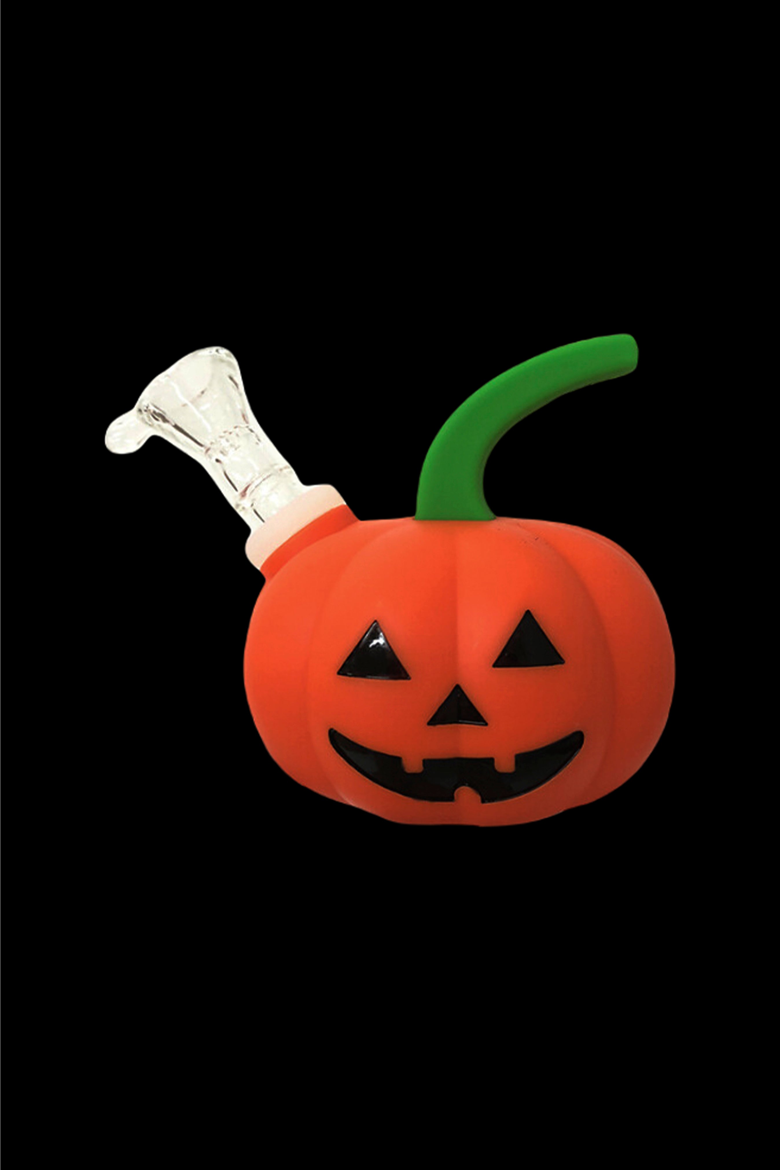 A glass pumpkin-shaped water pipe with a carved jack-o'-lantern face, against a black background.